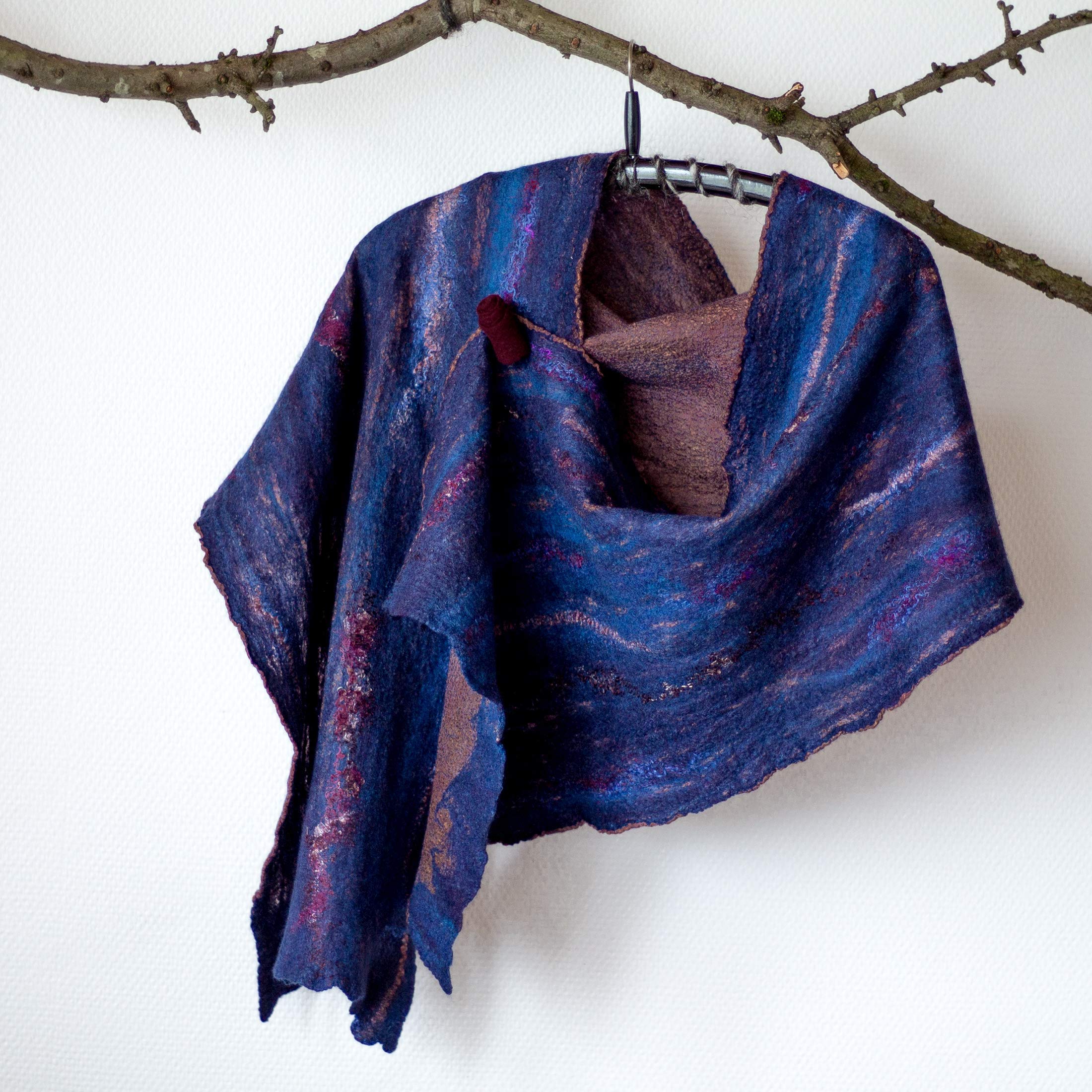Premium Nuno Felt Scarf - Dark Blue Navy Wool Blend Wrap for Women | Warm Winter Shawl, Fashionable Silk-Like Stole for Evening & Office Wear | Perfect for Fall, Spring & Special Occasions
