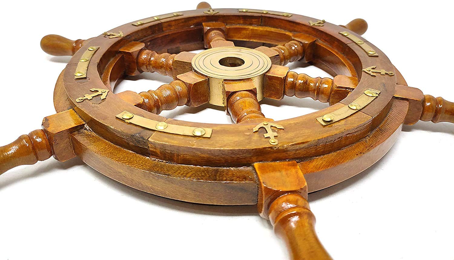 Nautical Wood & Brass Decorative Ship Wheel - 36 Inch Rustic Wall Hanging Ornament for Living Room, Office, or Marine-Themed Decor | Perfect for Coastal Home Decor, Beach House Accents, and Captain's Wheel Wall Art
