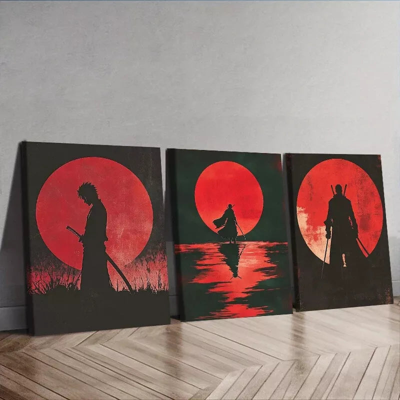 3-Piece Samurai Red Moon Dark Background Wall Art Set - Framed Canvas 40x60cm (16x24in) - High Quality Print, 100% Australian Made, Ready to Hang - Perfect for Living Room, Bedroom, or Office Decor