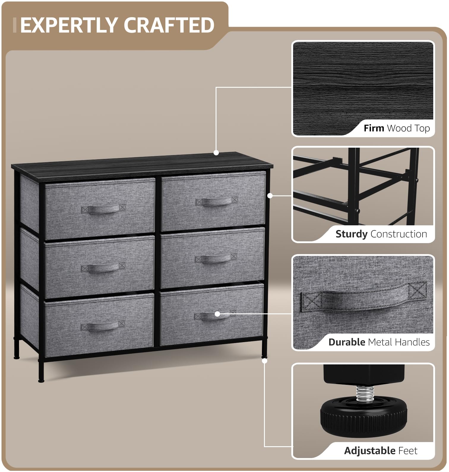 Sorbus 6-Drawer Dresser Organizer with Steel Frame & Wood Top - Easy Pull Fabric Bins for Clothes Storage - Bedroom, Hallway, Living Room, Nursery & Closet Furniture - Perfect for Home Organization & Space Saving