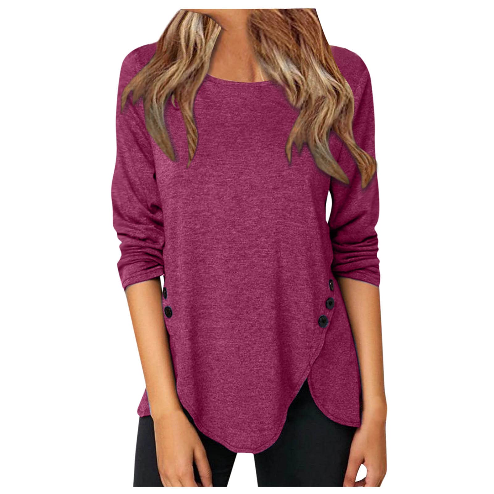 Women's Casual Long Sleeve Tunic Shirt - Round Neck Button Down Blouse Top for Work, Office & Everyday Wear