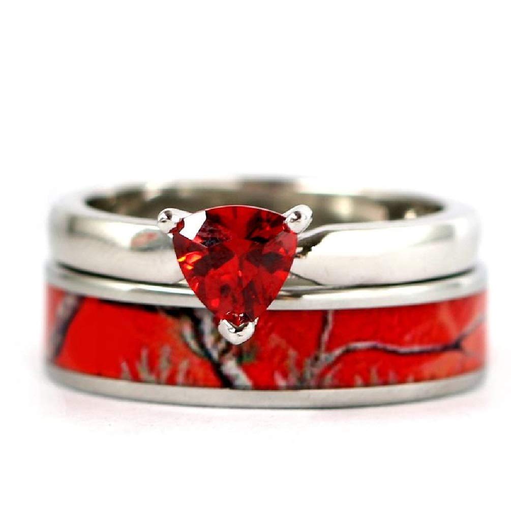 2-Piece Red Camo Ring Set for Women - Cubic Zirconia Engagement & Wedding Rings - Matching Couple Promise Bands - Perfect for Anniversaries, Proposals & Romantic Gifts