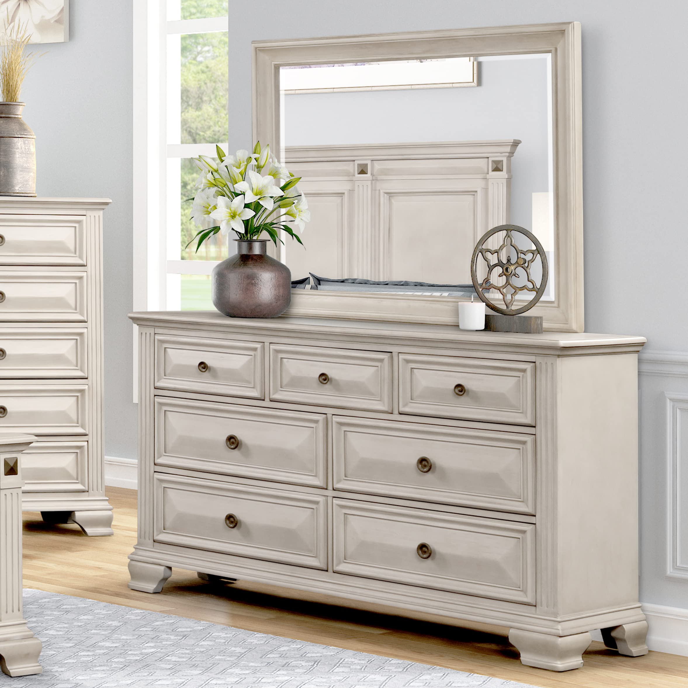 Roundhill Furniture Renova Wood Queen Bedroom Set - Distressed Parchment Panel Bed with Dresser, Mirror & 2 Nightstands | Complete Bedroom Furniture for Master Bedroom, Guest Room & Apartment