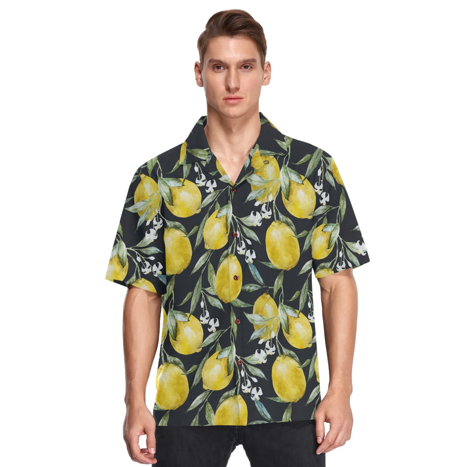 Stylish Watercolor Lemon Print Men's Hawaiian Shirt - Breathable Casual Button Down Shirt for Summer Beach Vacation, Pool Party & Tropical Getaway - Size S (2045051)