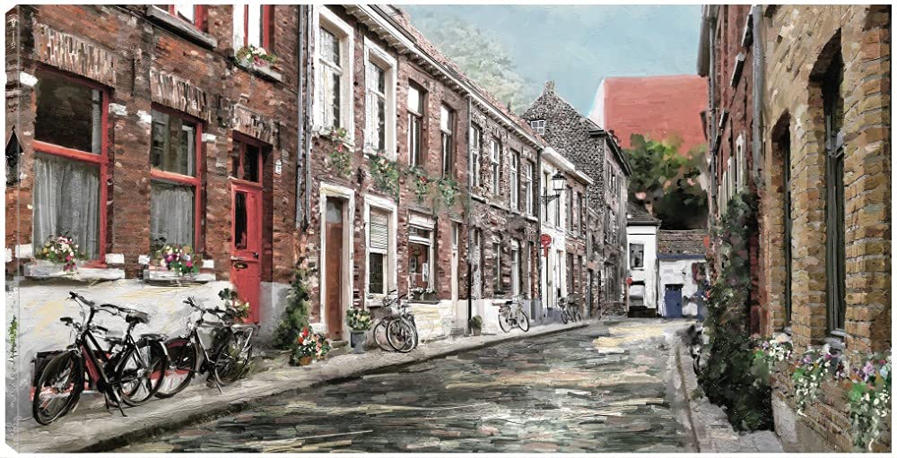 Fine Art Canvas Cobblestone Lane Wall Decor - Hand Painted Landscape Painting for Living Room, Bedroom, Office - Ready to Hang 50x26 Inches - Perfect for Home Decor, Housewarming Gift & Interior Design