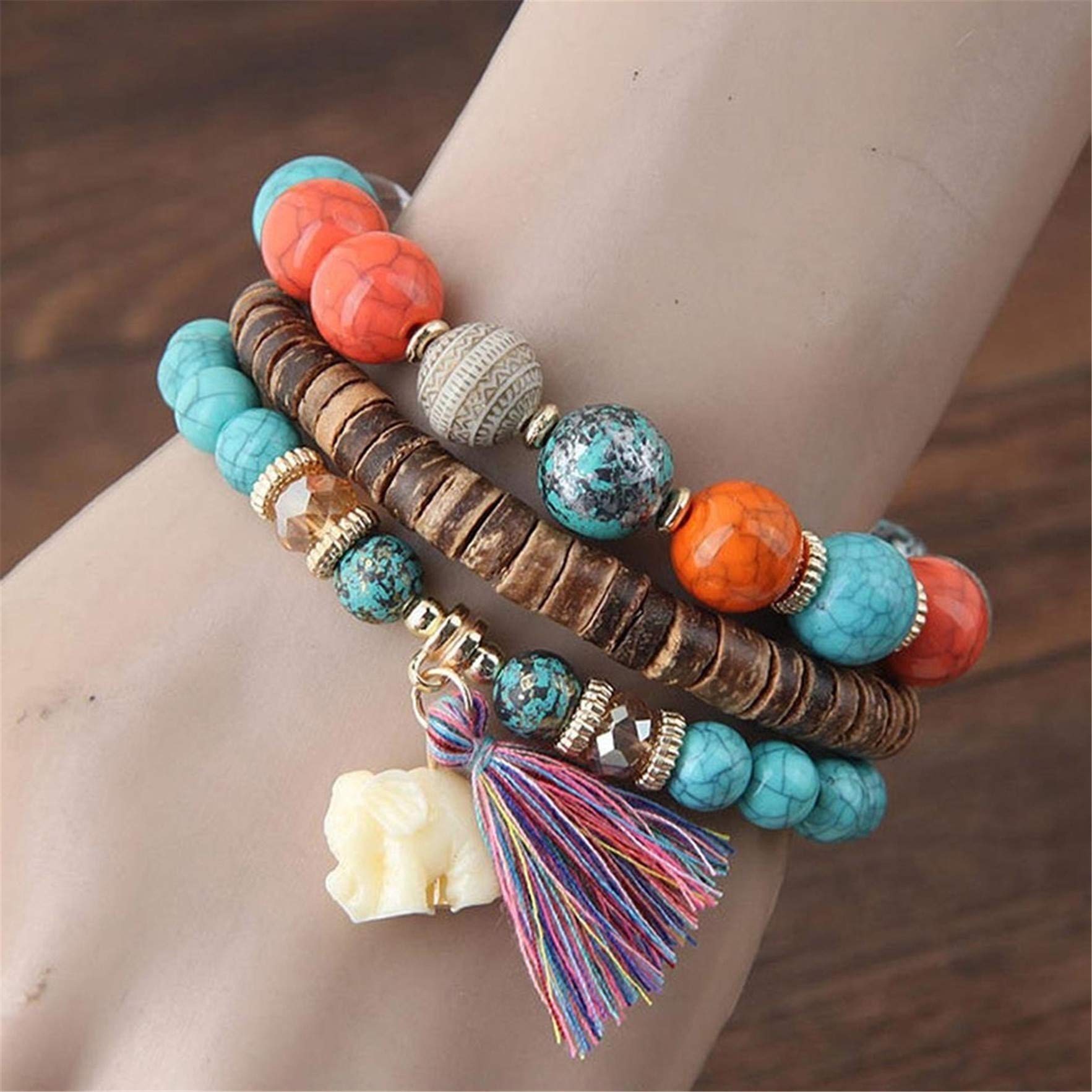 Bohemian Wood Beaded Bracelets Set for Women - Boho Multilayer Tassel Strand with Elephant Charm Stretch Bracelet - Perfect for Festival, Beach, Yoga and Everyday Boho Fashion Accessories