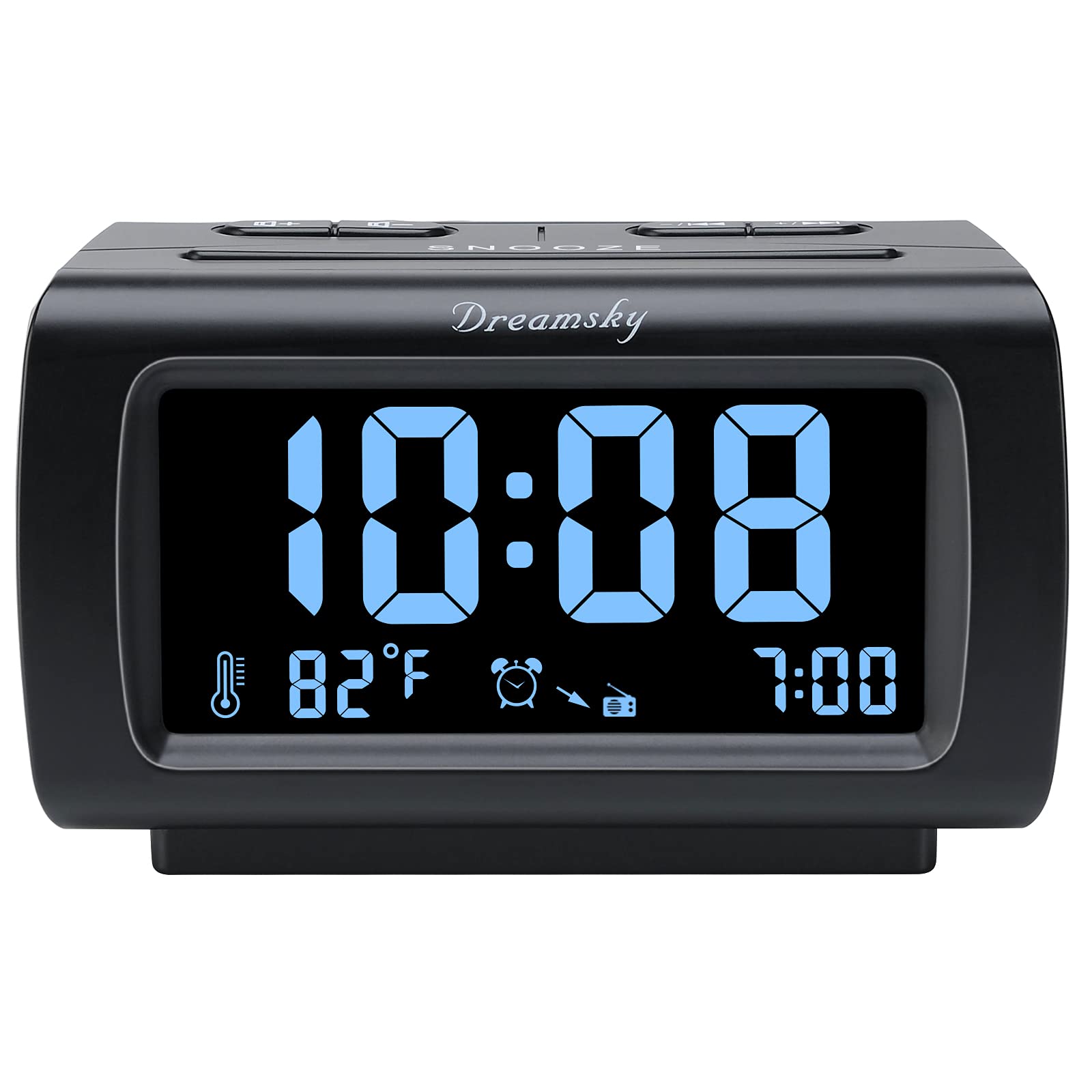 DreamSky Digital Alarm Clock Radio with Large Display, Battery Backup, USB Port & Sleep Timer - Adjustable Brightness, Volume & Snooze - FM Radio with Temperature Display for Bedroom, Office & Travel