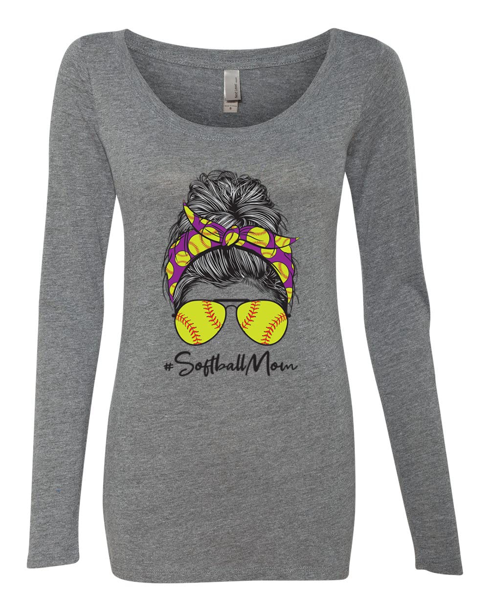 Messy Bun Softball Mom T-Shirt - Comfortable Long Sleeve Scoop Neck Top for Women | Perfect for Game Day, Sports Events & Mother's Day Gifts | Softball Mom Apparel for Casual Wear & Team Spirit