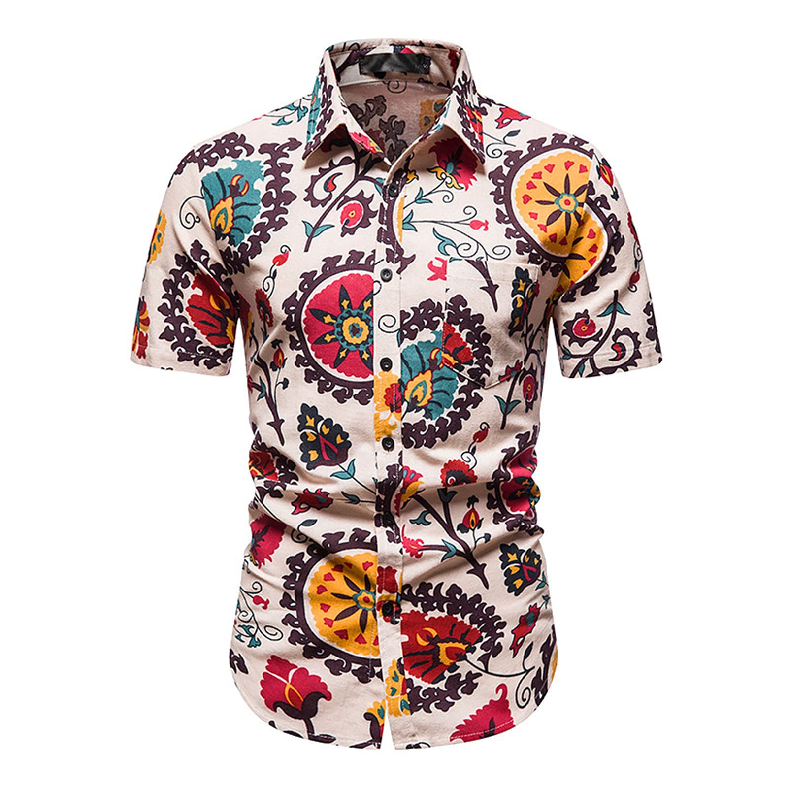 Men's Hawaiian Print Short Sleeve Button-Up Shirt - Casual Beach Summer Shirt with Lapel Collar - Perfect for Vacations, Luaus, and Tropical Getaways
