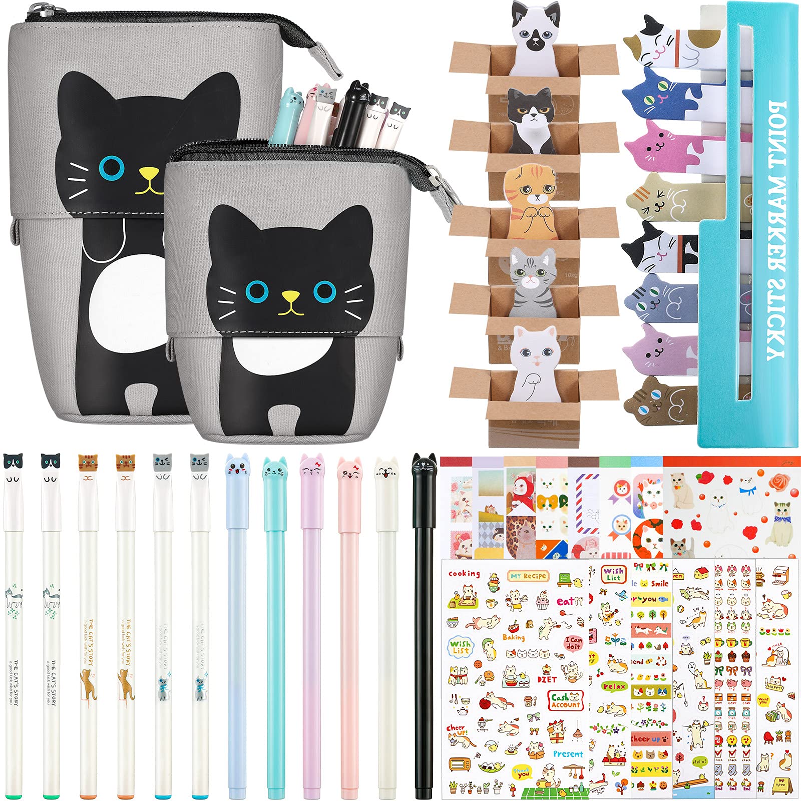 Zonon 417 Pcs Cute Cat Stationery Set - Black Cat Style Pencil Pouch, Gel Pens, Sticky Notes, Stickers & Bookmarks for School, Office & Christmas Gifts | Perfect for Students, Teachers & Cat Lovers