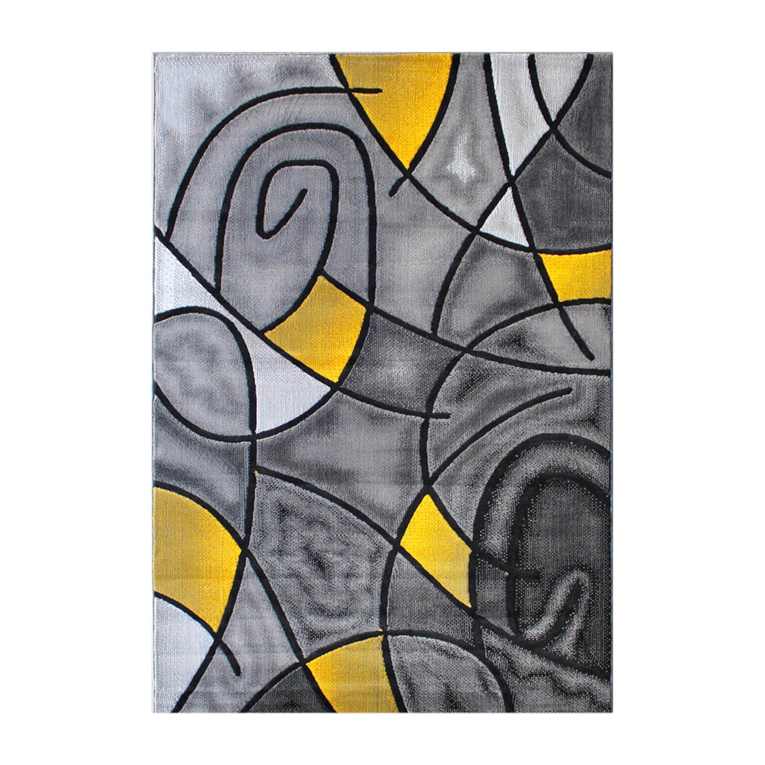 EMMA + OLIVER Urbane Plush Olefin Accent Rug - 5x7 Abstract Geometric Design with Gray Gradient & Yellow Accents - Stain & Moisture Resistant - Perfect for Living Room, Bedroom or Office Decor