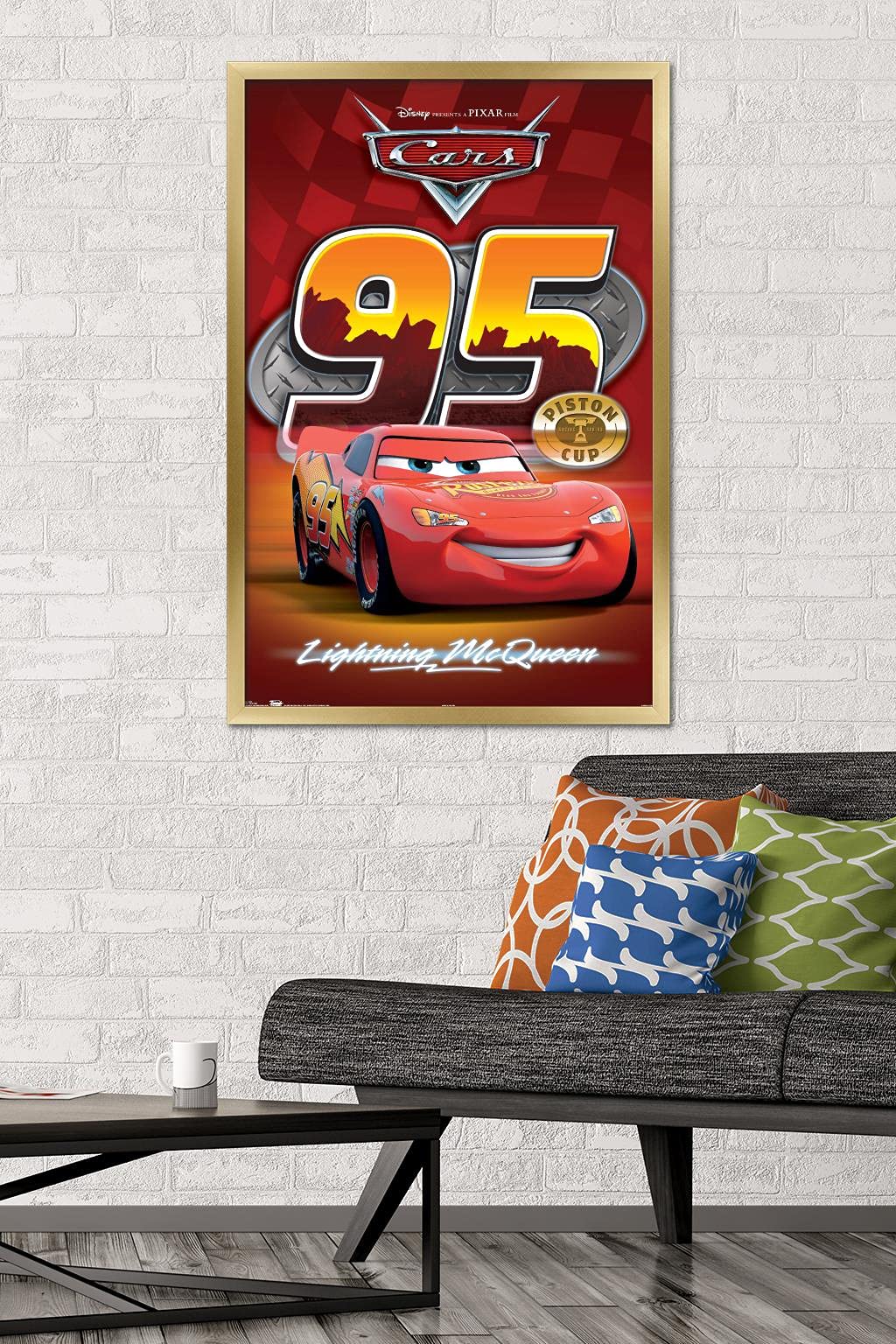 Disney Pixar Cars Lightning McQueen Wall Poster - 22.375 x 34 Inches Gold Framed Decor for Kids Room, Bedroom & Office | Official Licensed Movie Art