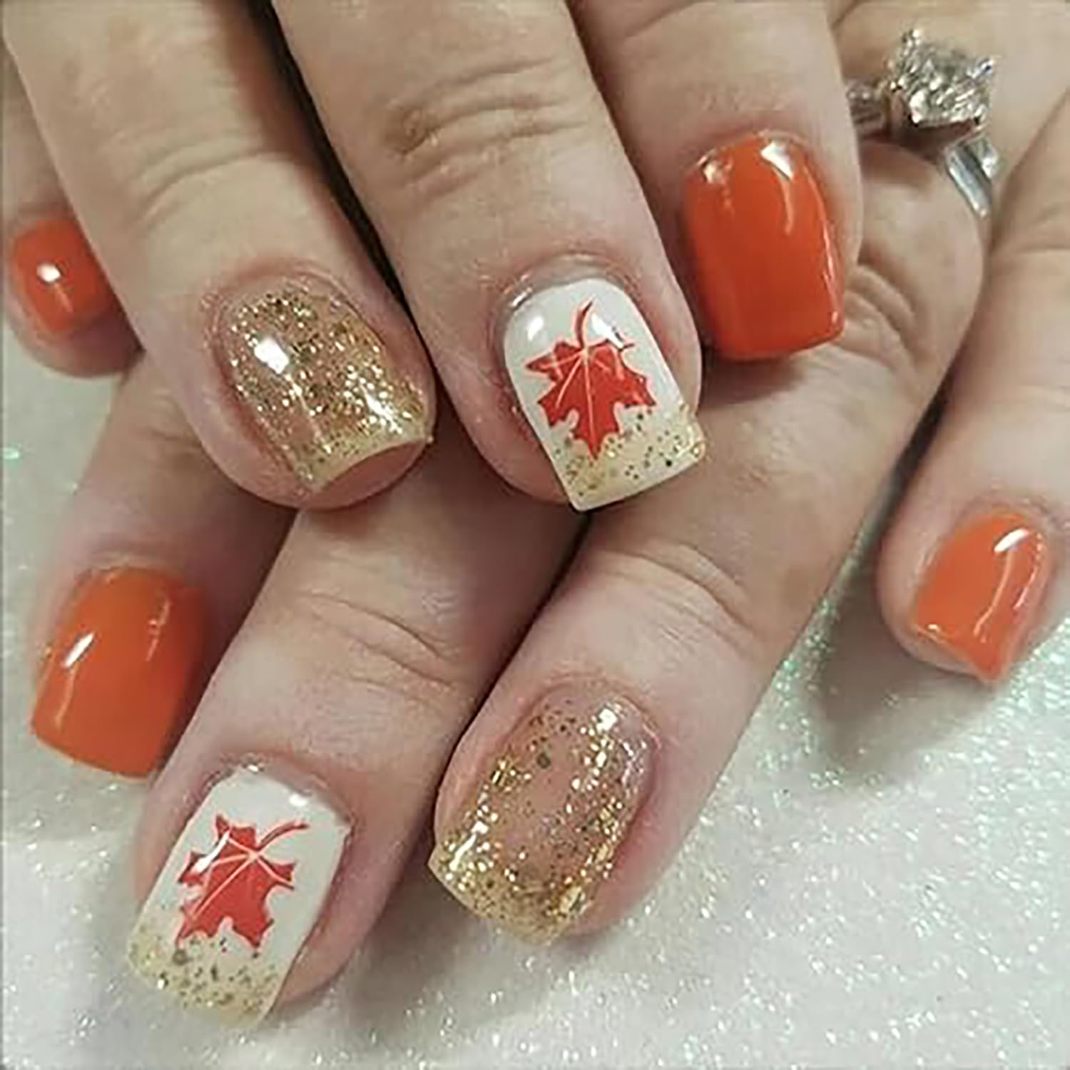 Short Square Press on Nails with Maple Leaf Design - Gold Glitter Foil Acrylic Fake Nails for Women | Fall & Thanksgiving Nail Art | Perfect for Autumn Parties, Holidays & Special Occasions