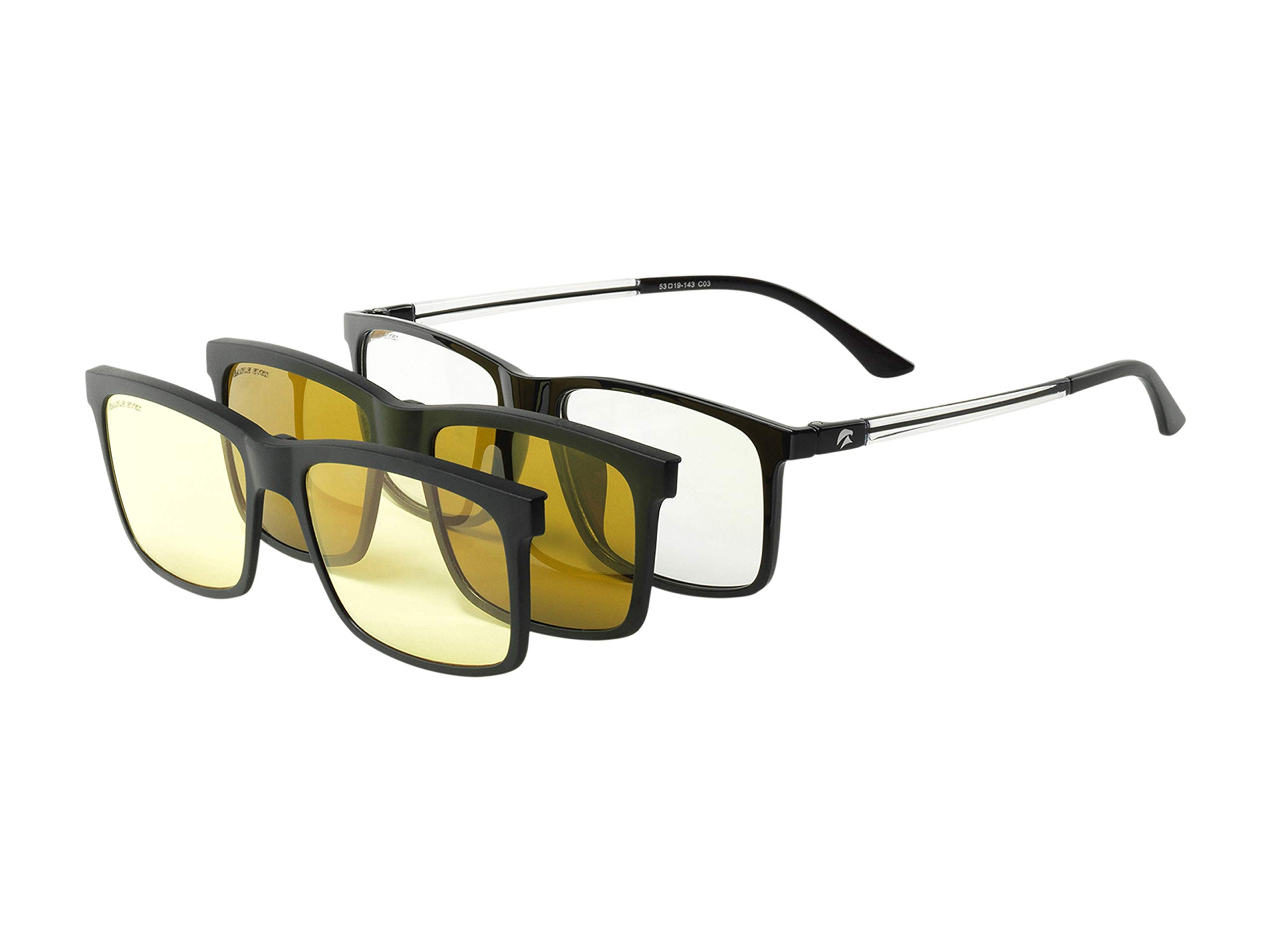 Eagle Eyes 3-in-1 Magnetic Polarized Sunglasses with Night Driving Clip-on & Computer Lens Base Frame - Black/Clear - Perfect for Driving, Outdoor Activities & Screen Use