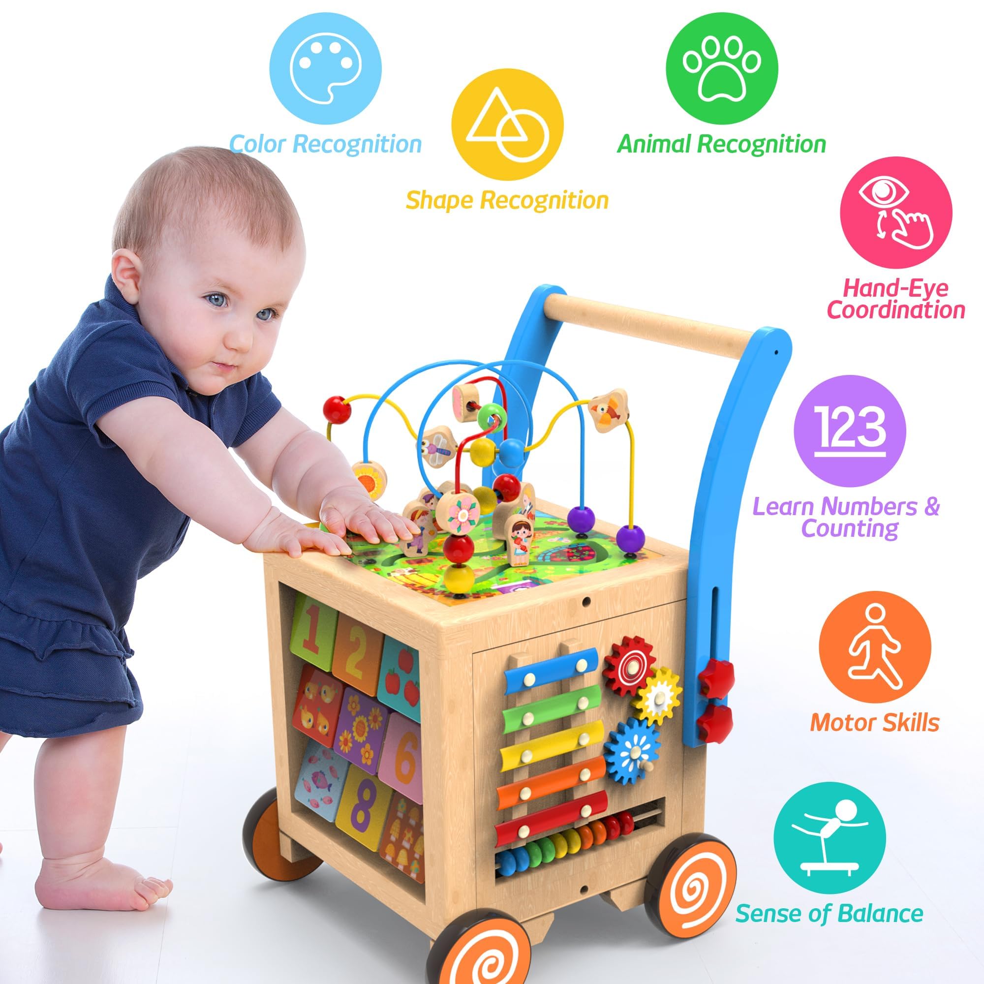 9-in-1 Wooden Activity Cube Baby Walker - Adjustable Height & Brake, Sit-to-Stand Learning Toy with Push & Pull Features for Toddlers Boys & Girls | Early Education Developmental Toy for Playroom, Nursery & Daycare