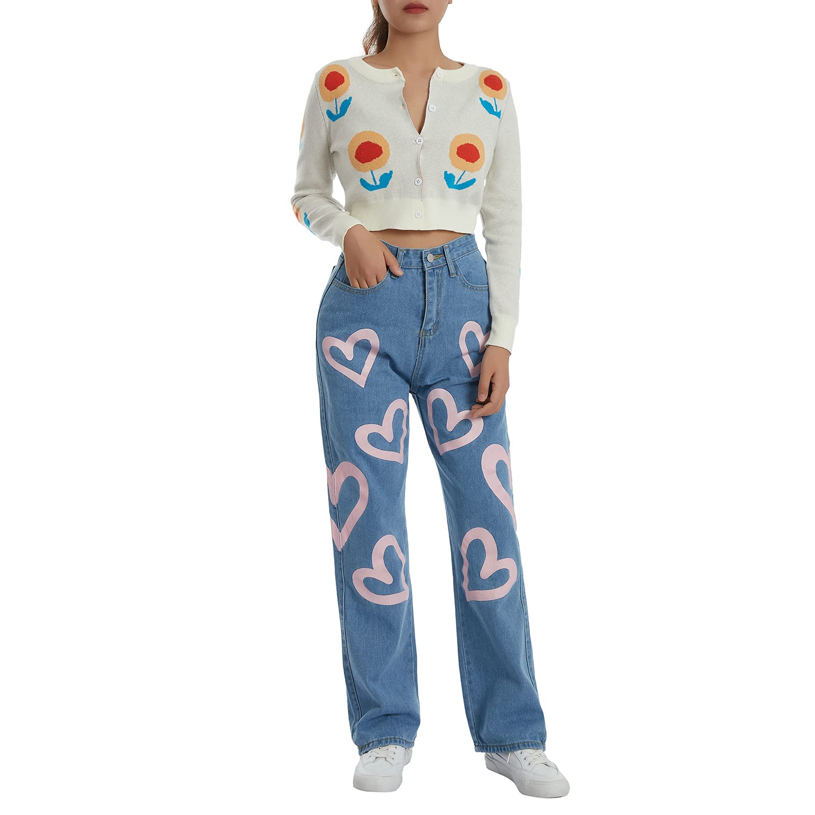 FOMOYUU Women's High Waist Loose Fit Printed Jeans - Y2K Retro Straight Leg Wide Pants for Streetwear & Casual Outfits | Perfect for Daily Wear, Parties, and Fashion Street Style