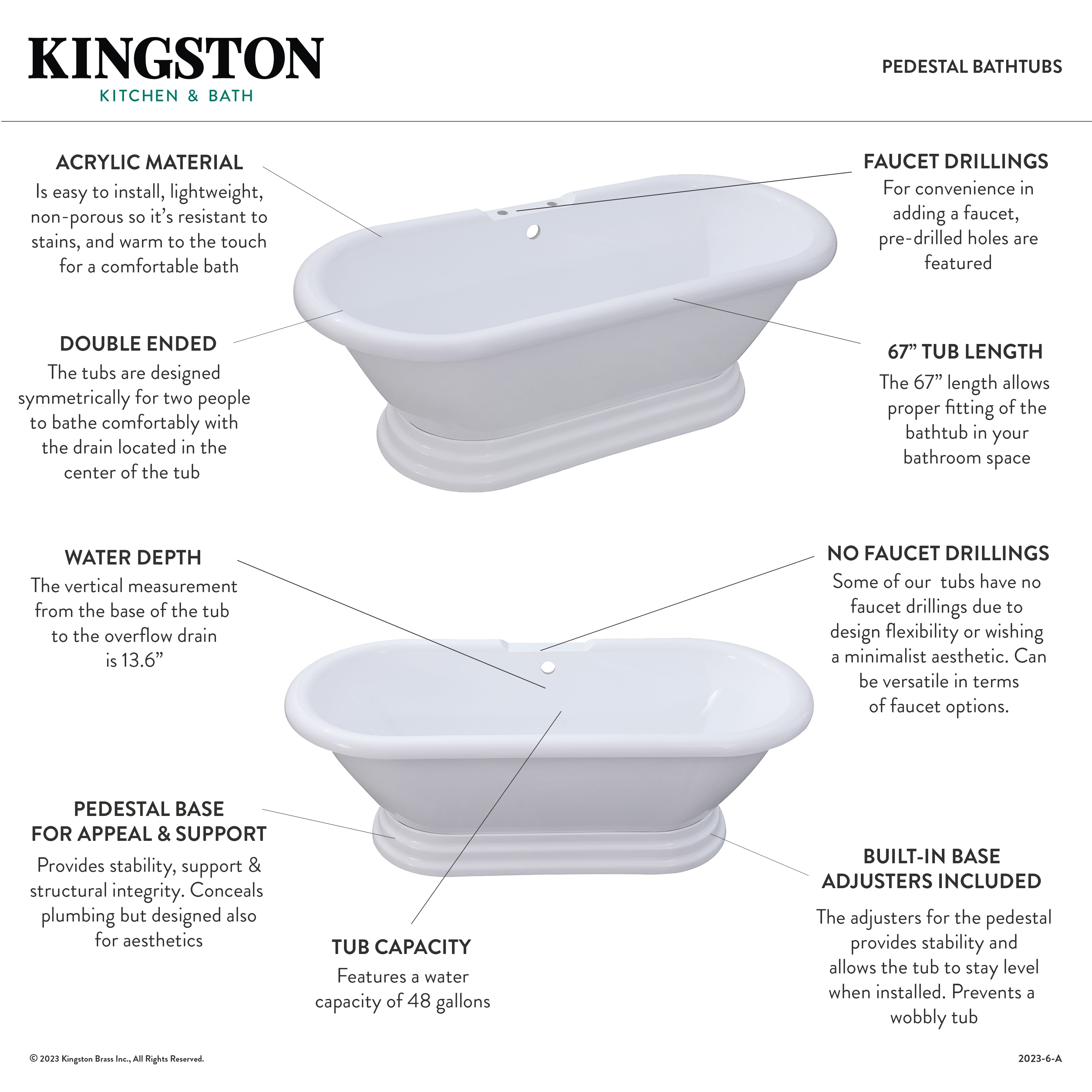 Aqua Eden 67-Inch Glossy White Acrylic Oval Double-Ended Pedestal Bathtub with 7-Inch Faucet Drillings - Perfect for Luxury Bathrooms & Spa Retreats