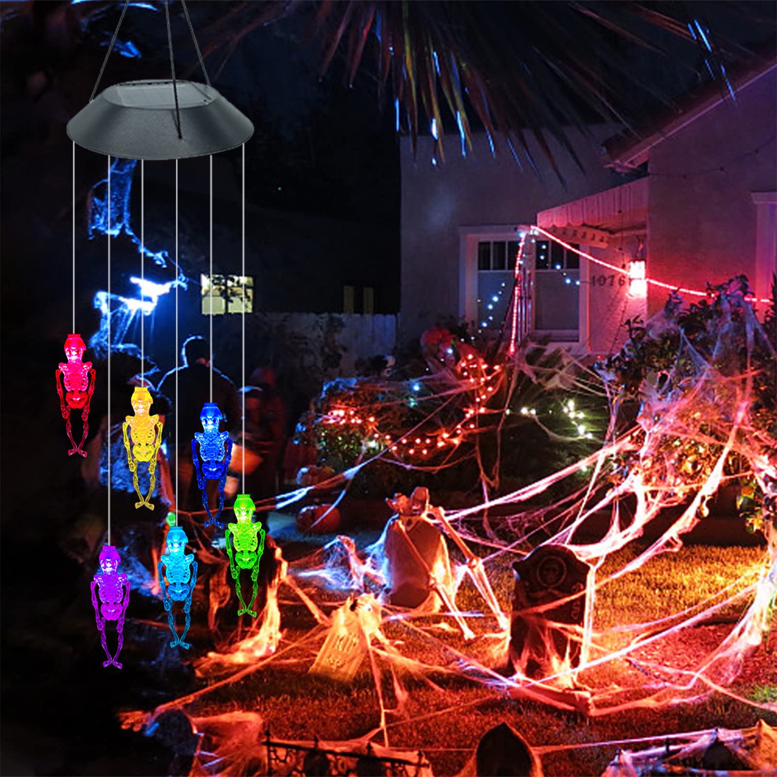 Solar-Powered Halloween LED Skull Lamp & Wind Chime Light - Outdoor/Indoor Decor for Yard, Garden, Pathway | Spooky Party, Porch, Window, Haunted House Decorations