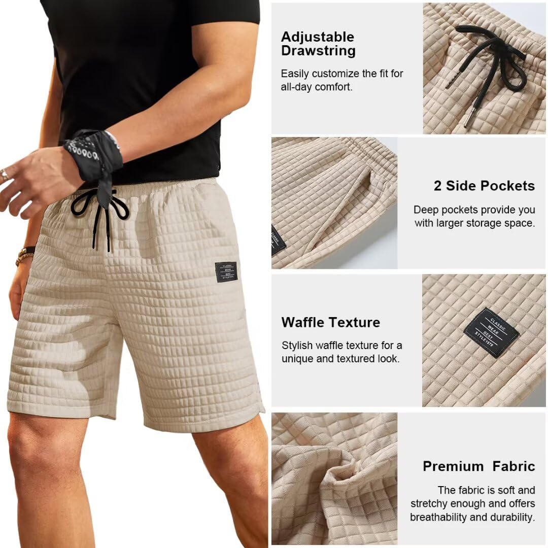 Men's Casual Waffle Knit Shorts with Elastic Waist & Drawstring - Workout Running Jogging Athletic Shorts with 2 Pockets - Gym, Lounge & Summer Outdoor Activities