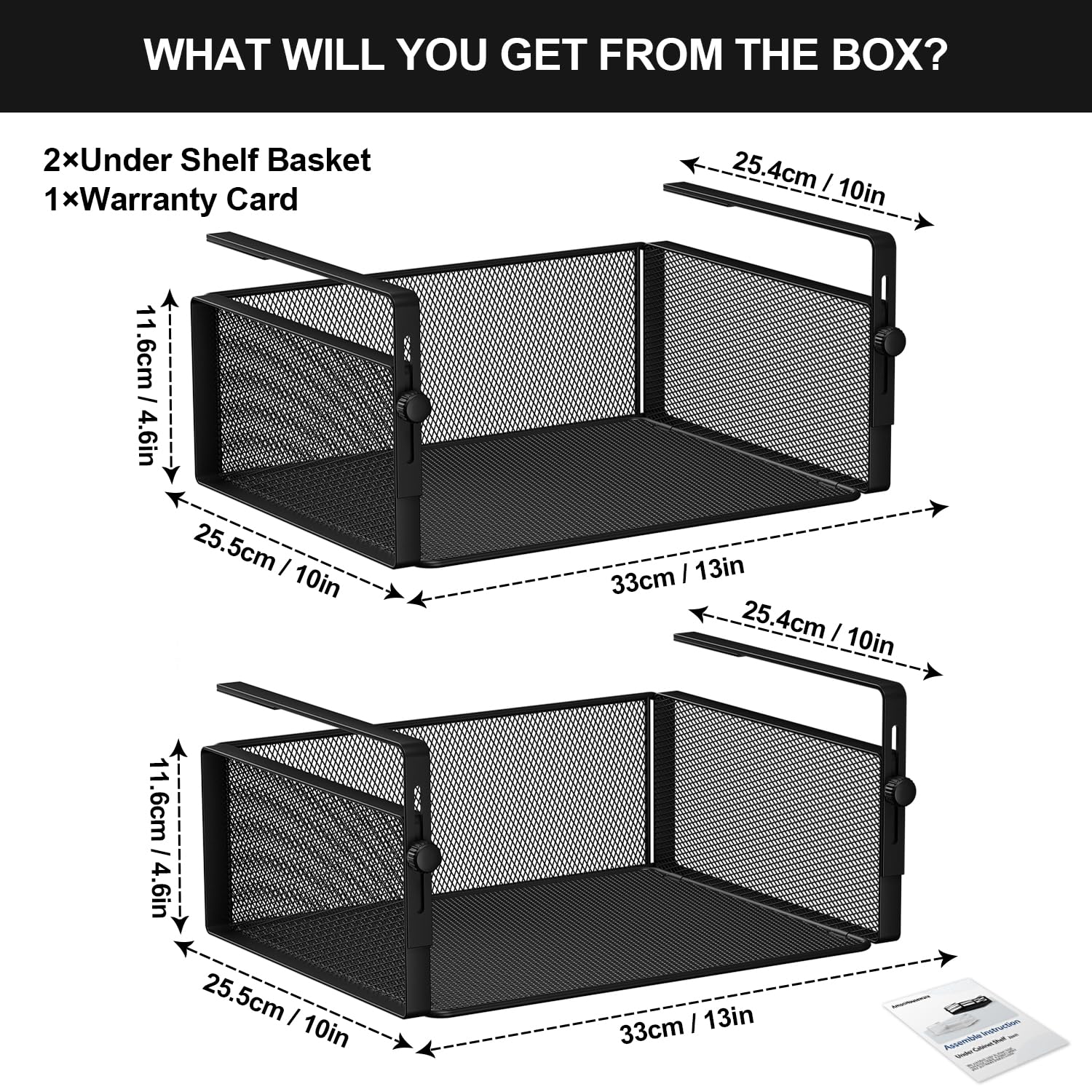 2-Pack Adjustable Under Shelf Basket Organizer - Heavy Duty Slide-in Hanging Holder for Kitchen, Pantry, Cabinet, Desk & Bookshelf - Space Saving Storage Solution for Home & Office Organization (Black, Large) - Perfect for Small Spaces, Clutter Control & Efficient Storage