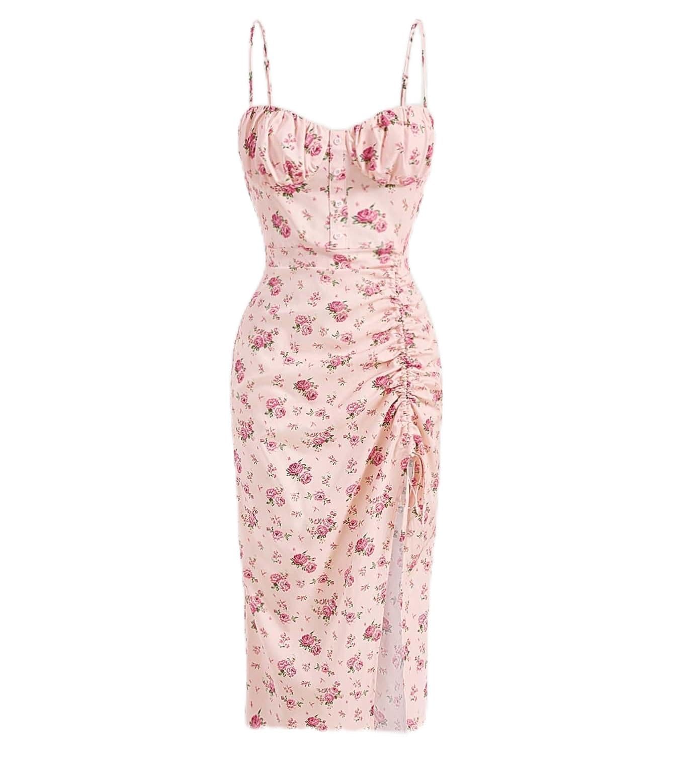 2023 Women's Summer Dresses - Sleeveless Floral Print Cami Dress with Drawstring Waist & Thigh Slit | Beach Vacation, Date Night, Casual Outfit