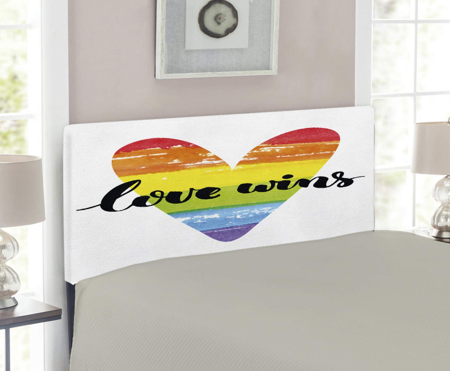 Ambesonne Pride Headboard - Inspirational Gay Marriage Watercolor Heart Design, Upholstered Metal Bed Frame with Memory Foam, Twin Size, Multicolor - Perfect for LGBTQ+ Bedroom Decor & Guest Room Accent
