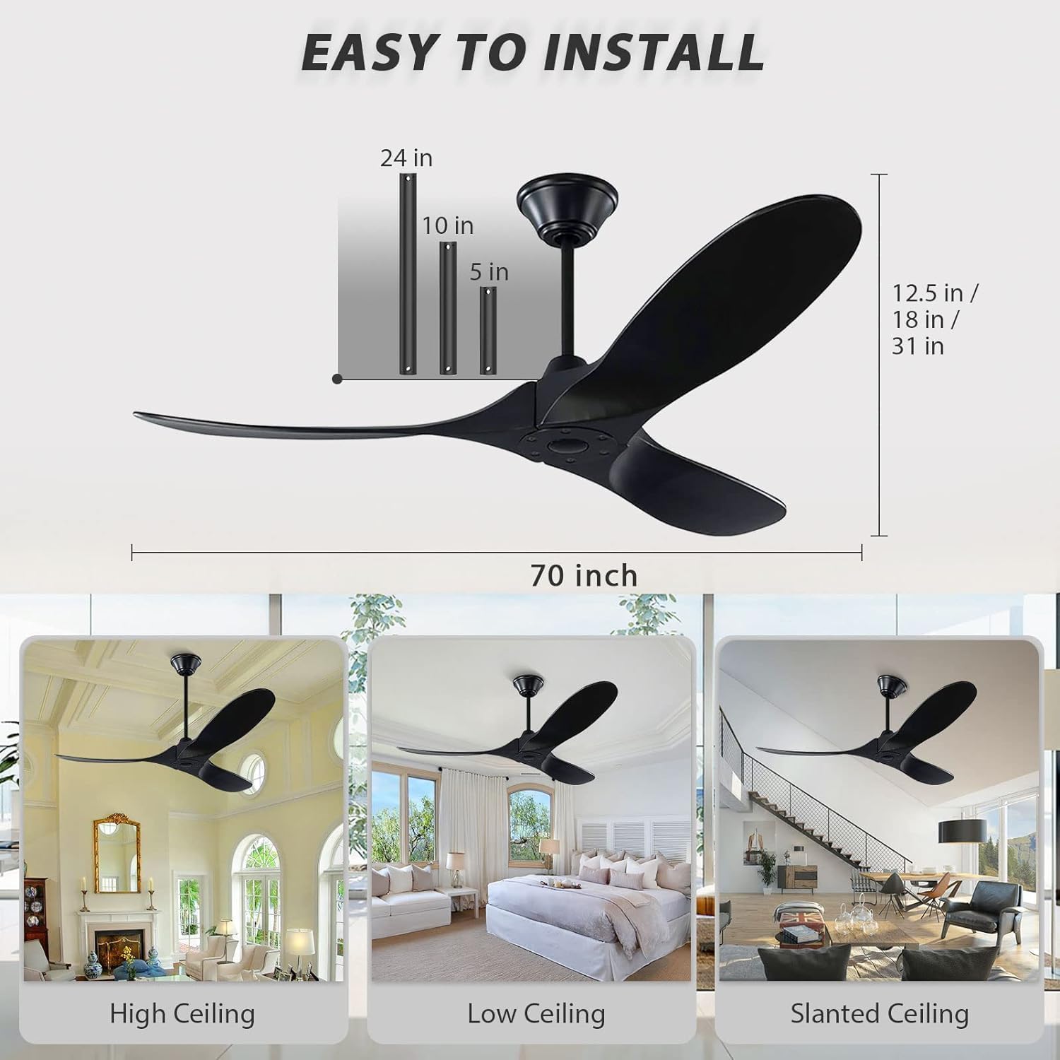 60 Inch Black Ceiling Fan No Light - High Airflow Outdoor Ceiling Fan with Remote Control - Modern 3-Blade Wood Ceiling Fan for Patio, Gazebo, Indoor & Sloped Ceiling Use - Perfect for Living Room, Bedroom, Porch & Covered Outdoor Spaces