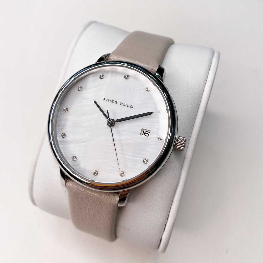 ARIES GOLD ENCHANT FLEUR Silver Stainless Steel Women's Watch with Leather Strap - Elegant Dress Watch for Office, Party & Special Occasions