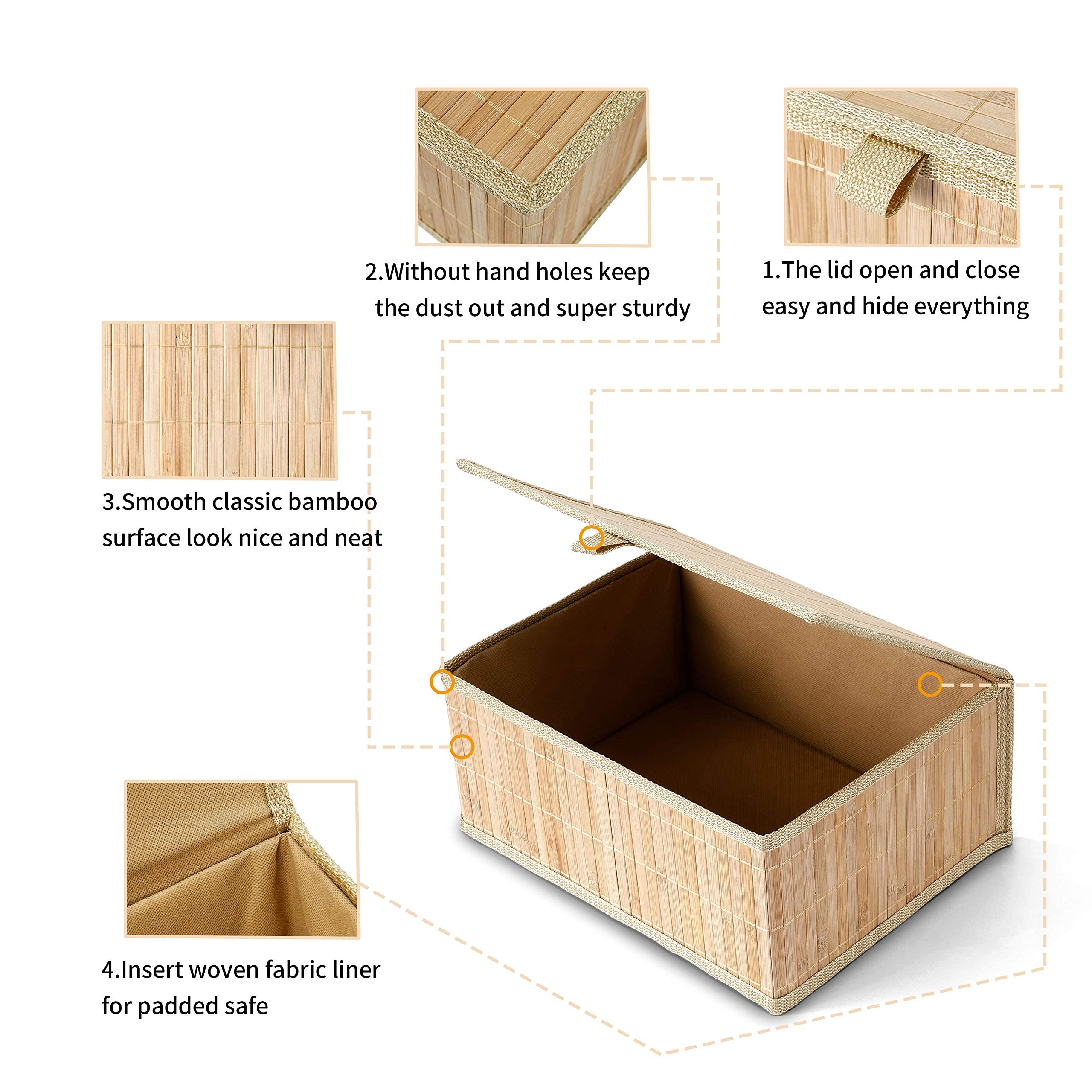 Honygebia Set of 3 Bamboo Storage Baskets with Lids - Woven Lined Decorative Organizer Boxes for Home, Kitchen, Shelf | Beige Wicker Baskets for Home Decor, Pantry Organization & Gift Wrapping Storage