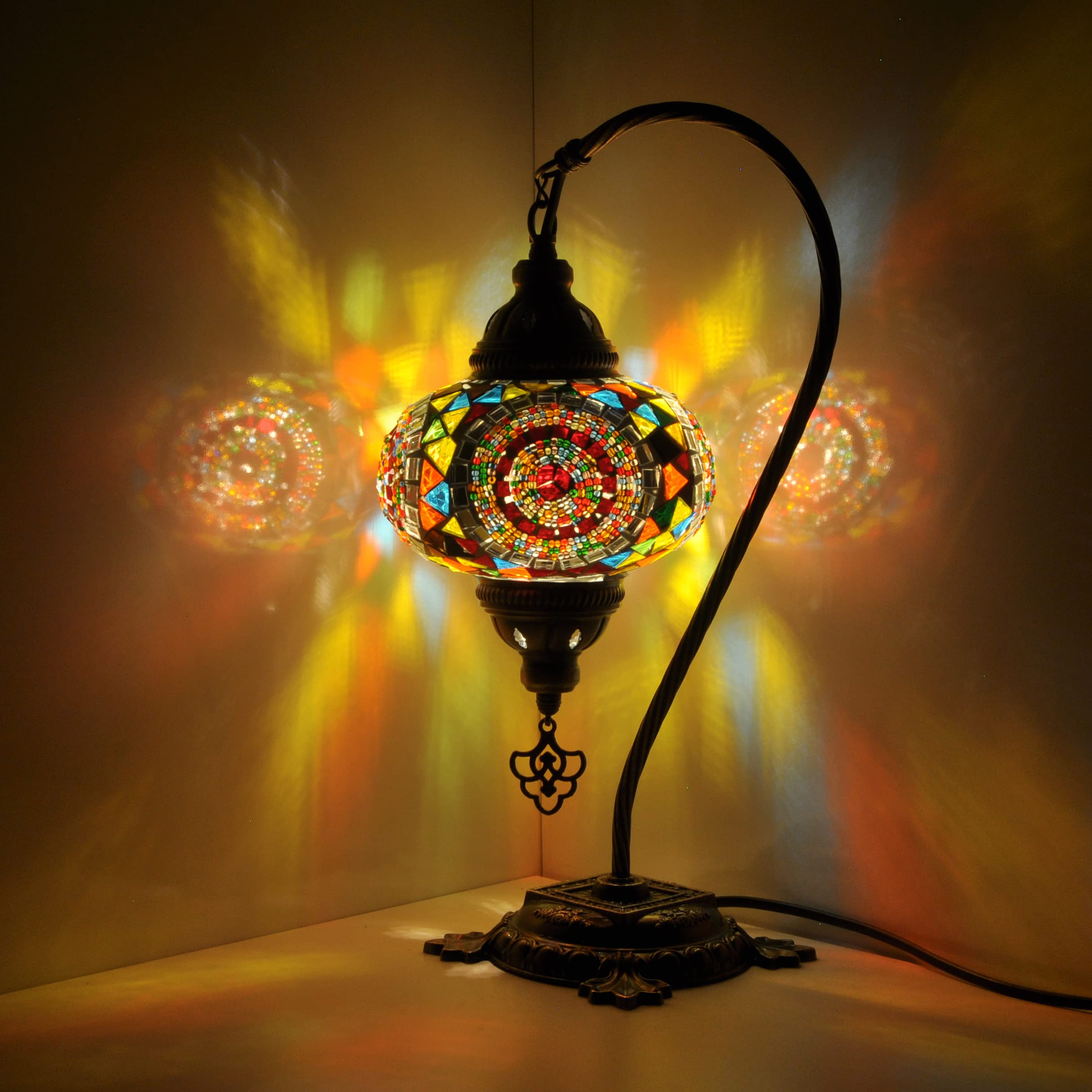 Handmade Turkish Mosaic Table Lamp with Bronze Base & Swan Neck Design - Tiffany Style Stained Glass Bedside Night Light with LED Bulb for Living Room, Bedroom & Home Decor