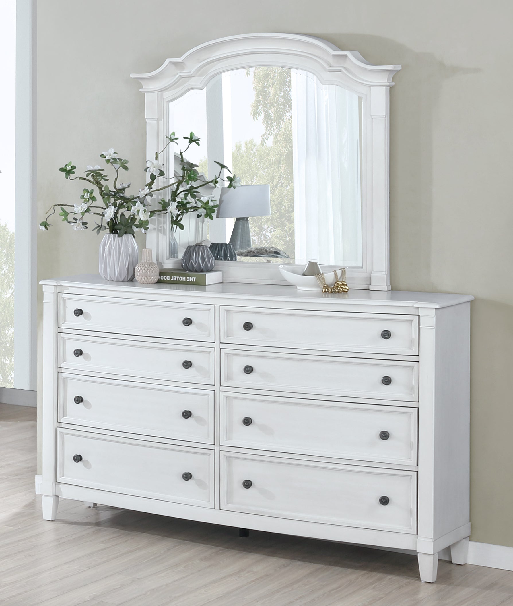 White Saline Wood Planked 8-Drawer Dresser with Mirror - Modern Bedroom Furniture for Home Organization & Storage