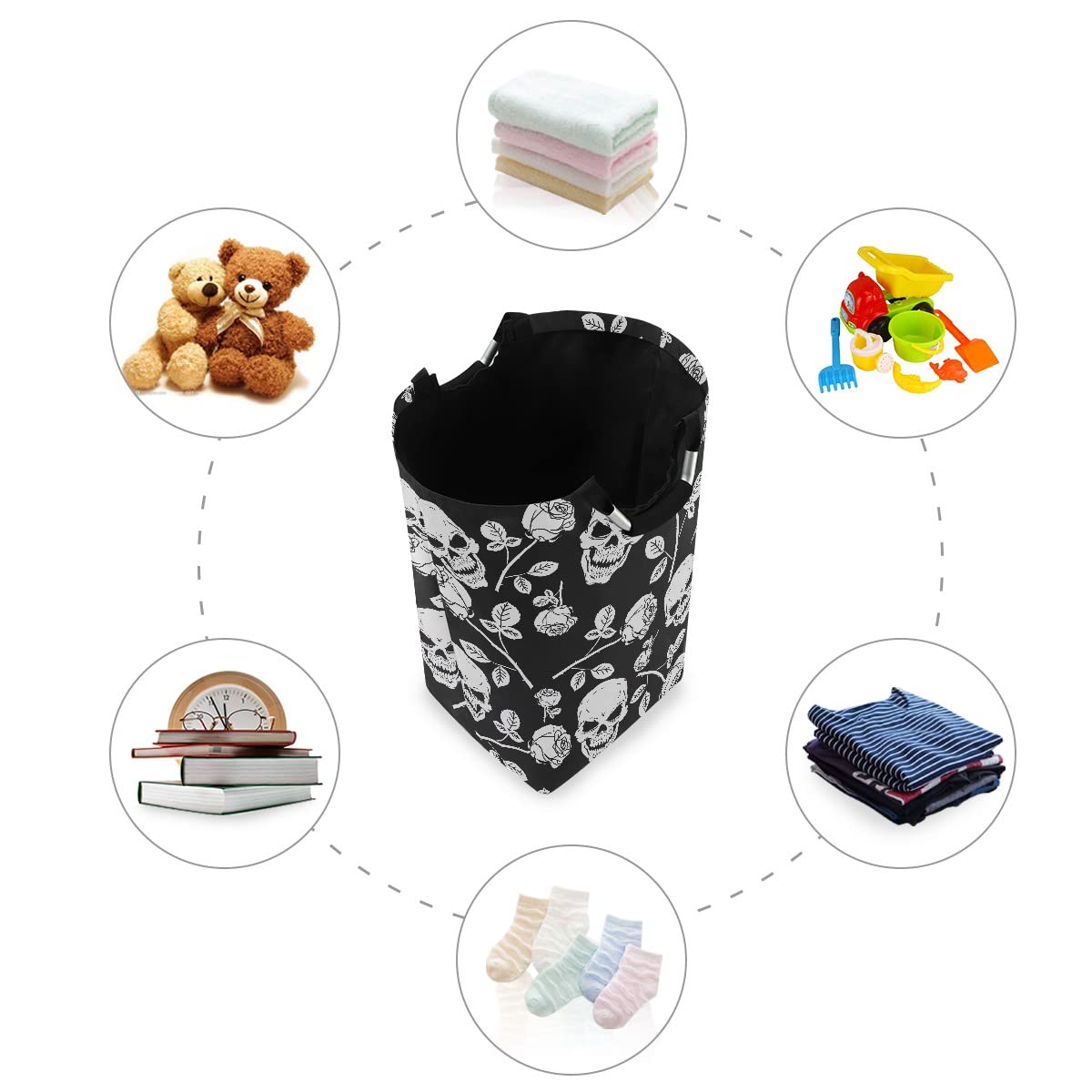 MNSRUU Foldable Laundry Bag with Handles - Skull & Rose Print Collapsible Laundry Hamper Basket for Bedroom, Bathroom Storage & Organization - Perfect for College Dorm, Travel & Home Decor