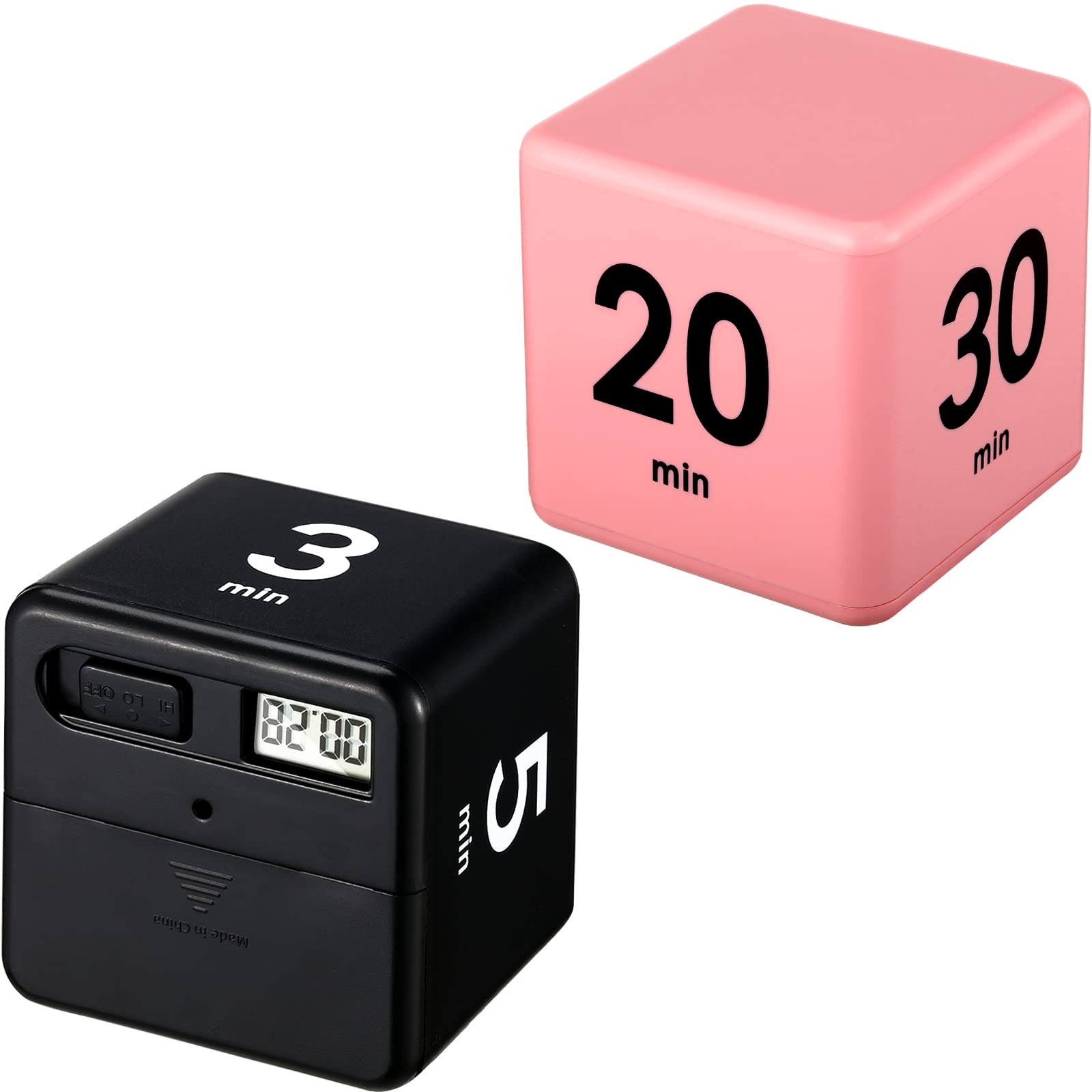 2 Pack Gravity Sensor Cube Timer - 1/3/5/10/15/20/30/60 Minute Adjustable Time Management Tool for Kids, Workouts, Games & Productivity (Black & Pink) - Perfect for Classroom, Gym, Office & Home Use