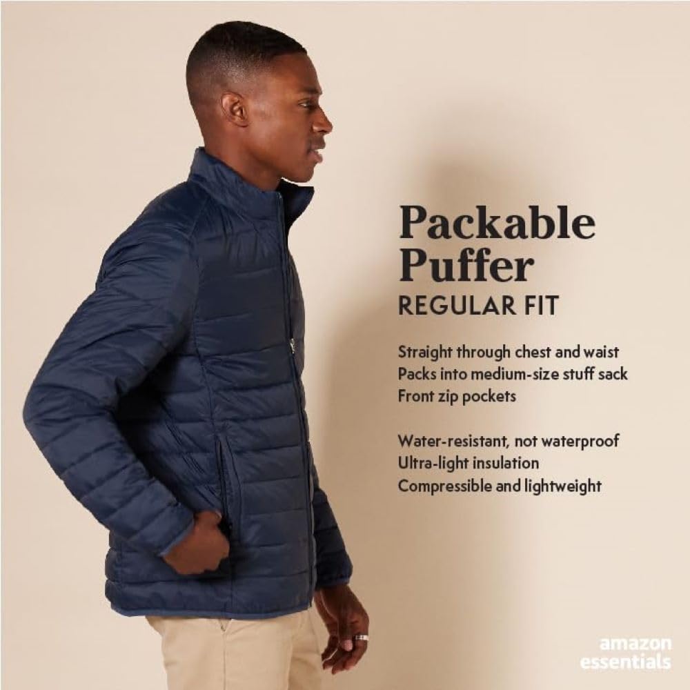 Amazon Essentials Men's Packable Lightweight Water-Resistant Puffer Jacket for Outdoor Activities - Big & Tall Sizes Available - Perfect for Hiking, Camping & Winter Travel