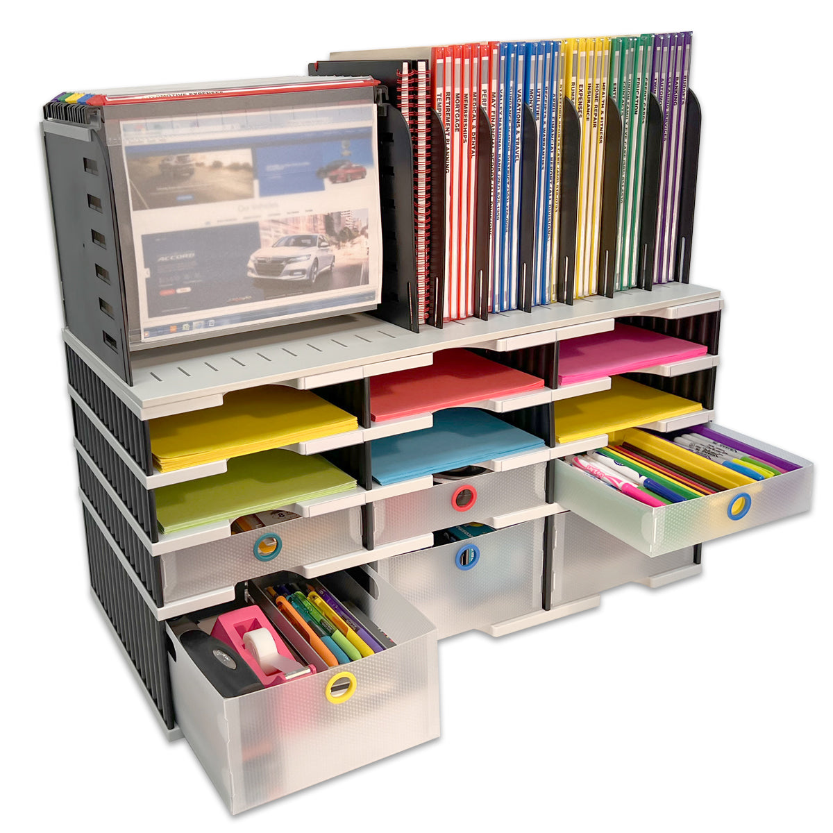 9-Slot Desktop Organizer with Riser Base & Hanging File - 3 Storage Drawers & 3 Supply Drawers for Office Documents, Binders & Supplies - Vertical Space Saving Solution for Home & Office Workspace Organization