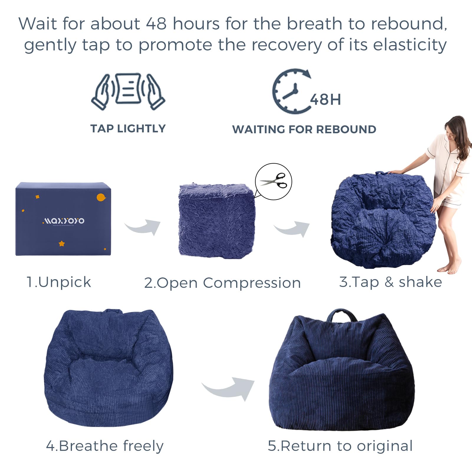 MAXYOYO Bean Bag Chair with Handle - Navy Floor Sofa for Teens, Living Room Accent Chair with Storage Pocket - Perfect for Gaming, Reading & Relaxing in Bedroom, Dorm or Lounge