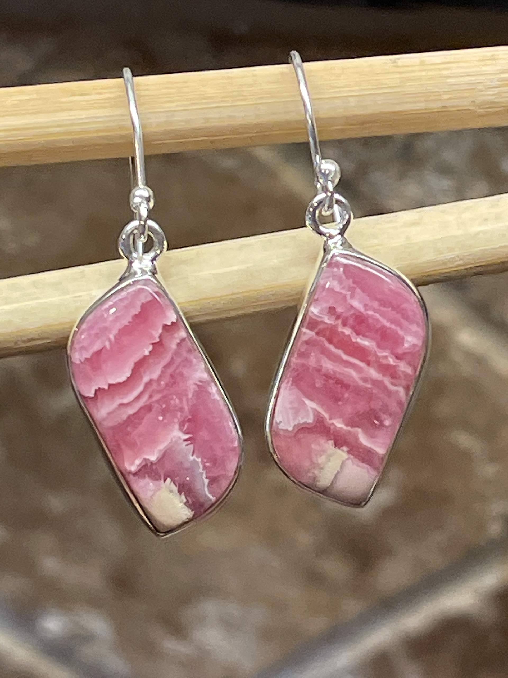 Natural Pink Rhodochrosite 925 Sterling Silver Earrings - 35mm Dangle Earrings for Women, Handmade Gemstone Jewelry Gift for Her - Perfect for Weddings, Parties & Special Occasions