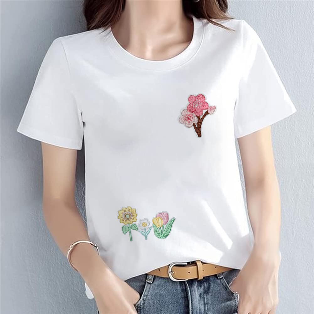 8pcs Floral Iron On Patches - Embroidered Sew On Applique for Jeans, Jackets & DIY Clothing (White) - Perfect for Customizing Denim, Bags & Home Decor