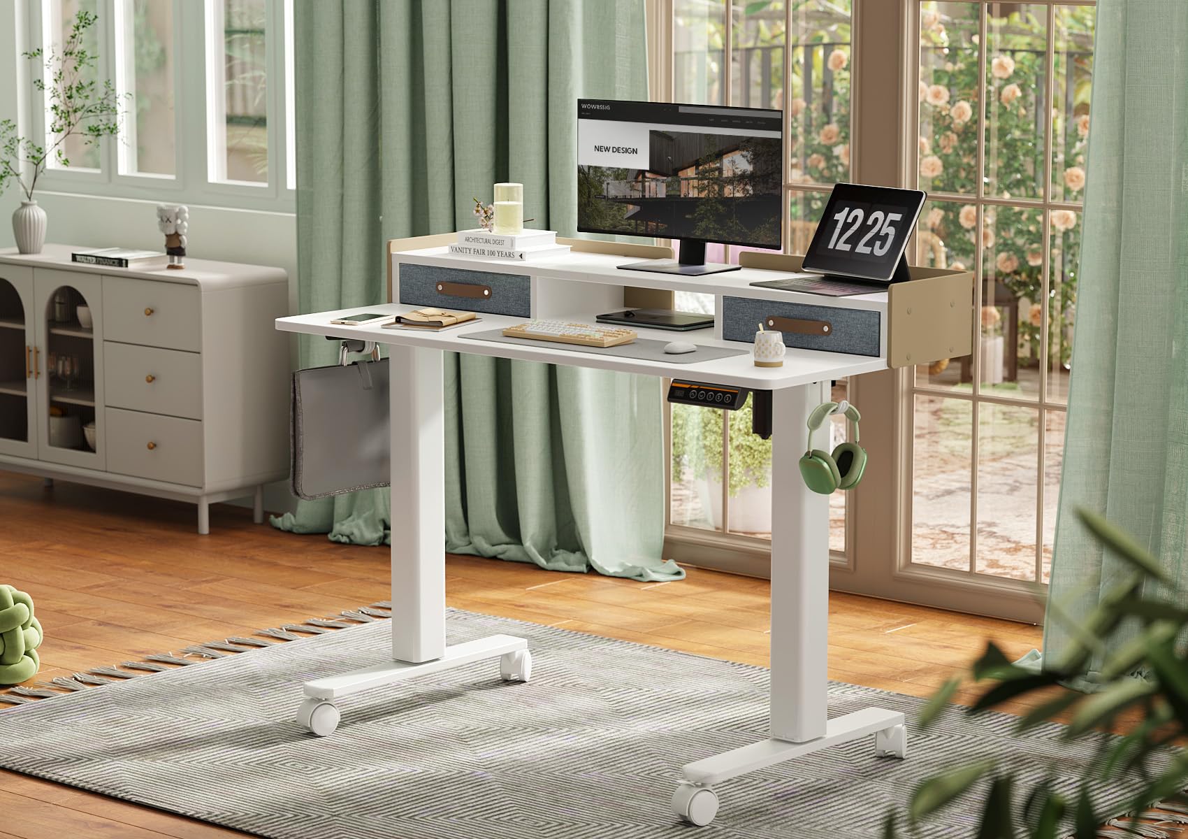 YDN 48 Inch Electric Standing Desk with Drawers and Storage Shelf - Adjustable Height Sit Stand Desk for Home Office, White | Ergonomic Workspace Solution for Small Spaces & Remote Work