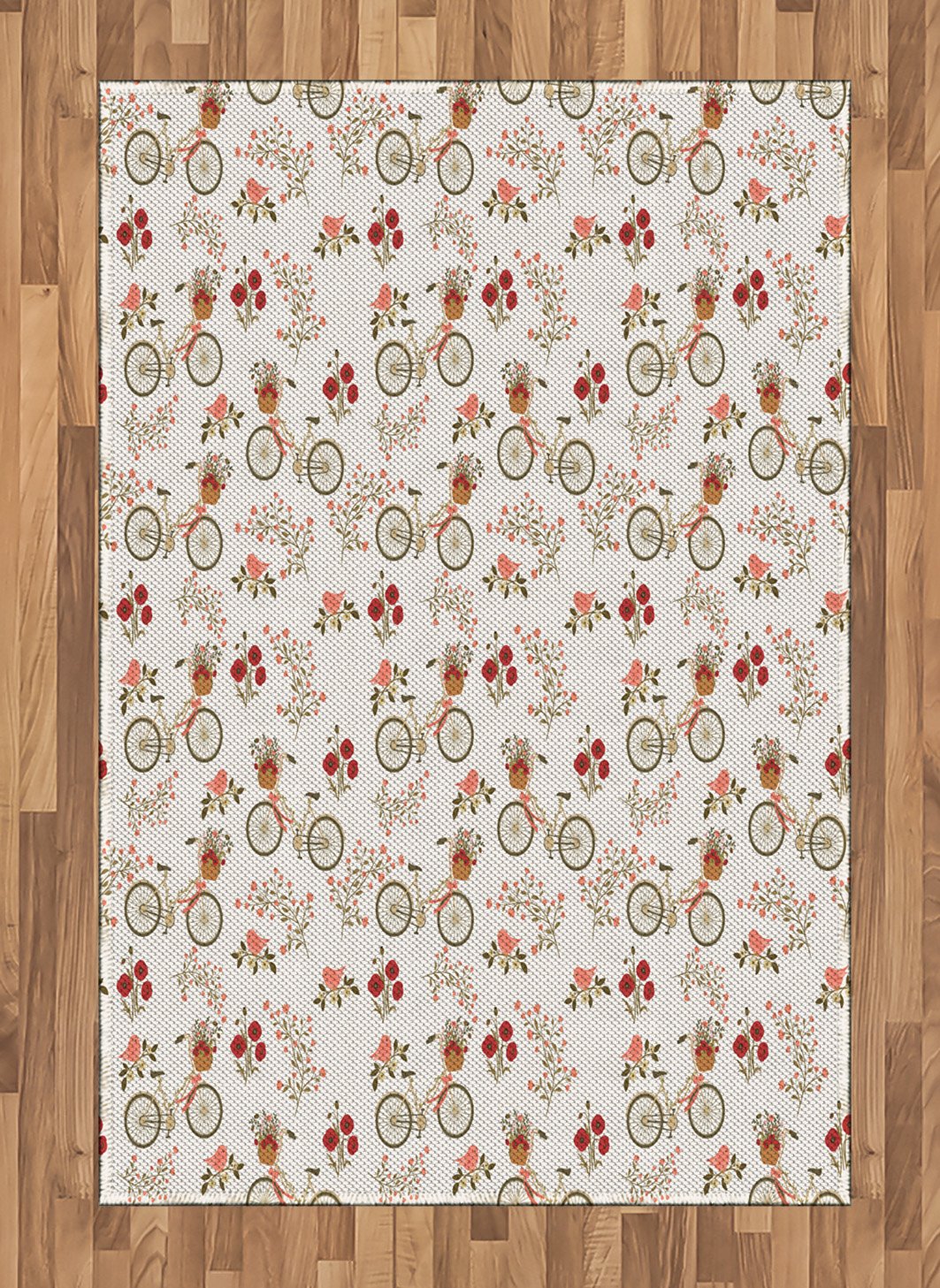 Ambesonne Floral Area Rug - Vintage Romance Design with Bikes, Poppy Flowers & Love Birds, Flat Woven Accent Rug for Living Room, Bedroom & Dining Room, 4' x 5' 7