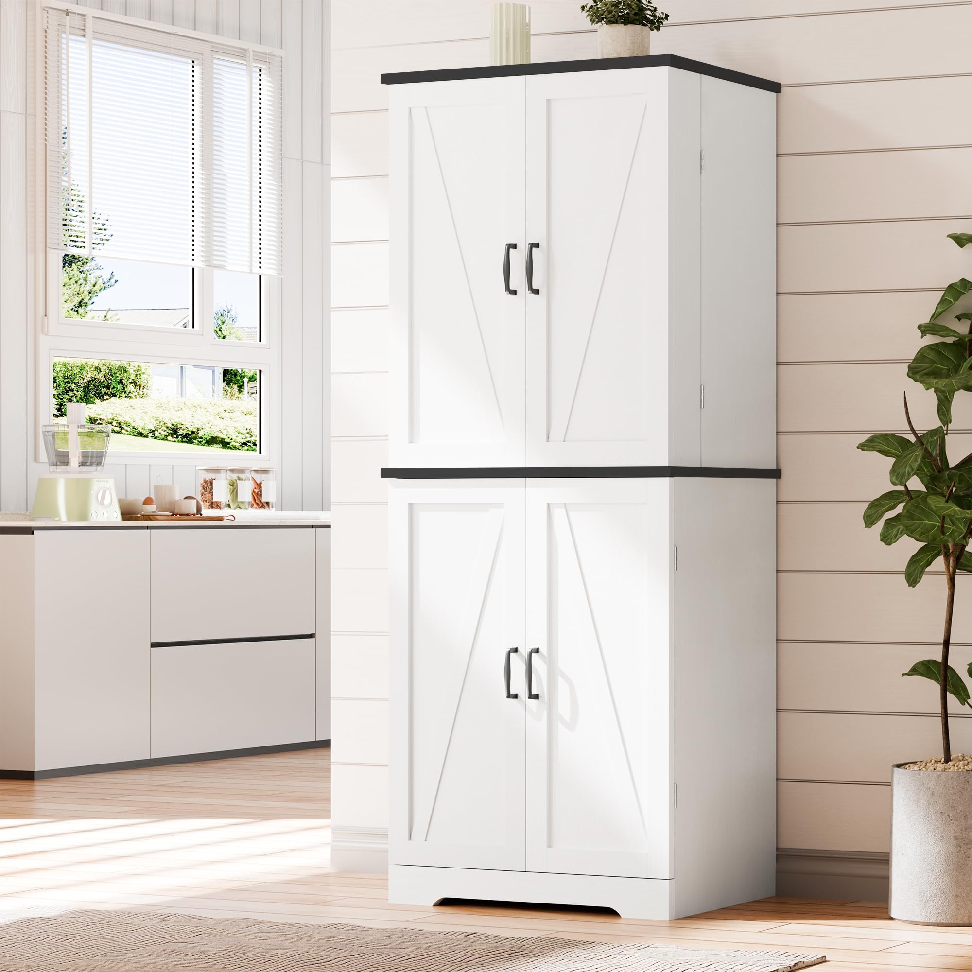 Rustic 6-Tier Wood Pantry Storage Cabinet with Barn Doors, Drawer & Adjustable Shelves - White Kitchen Cupboard for Dining Room, Living Room, Bathroom | Perfect for Organizing Spices, Dishes & Home Essentials