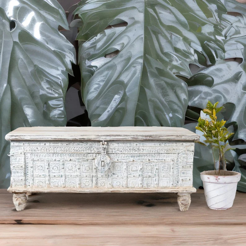 Hand Carved Antique Solid Wood Chest Box - Vintage Wooden Storage Box for Home Decor, Jewelry, Blankets & Keepsakes | Perfect for Bedroom, Living Room & Closet Organization