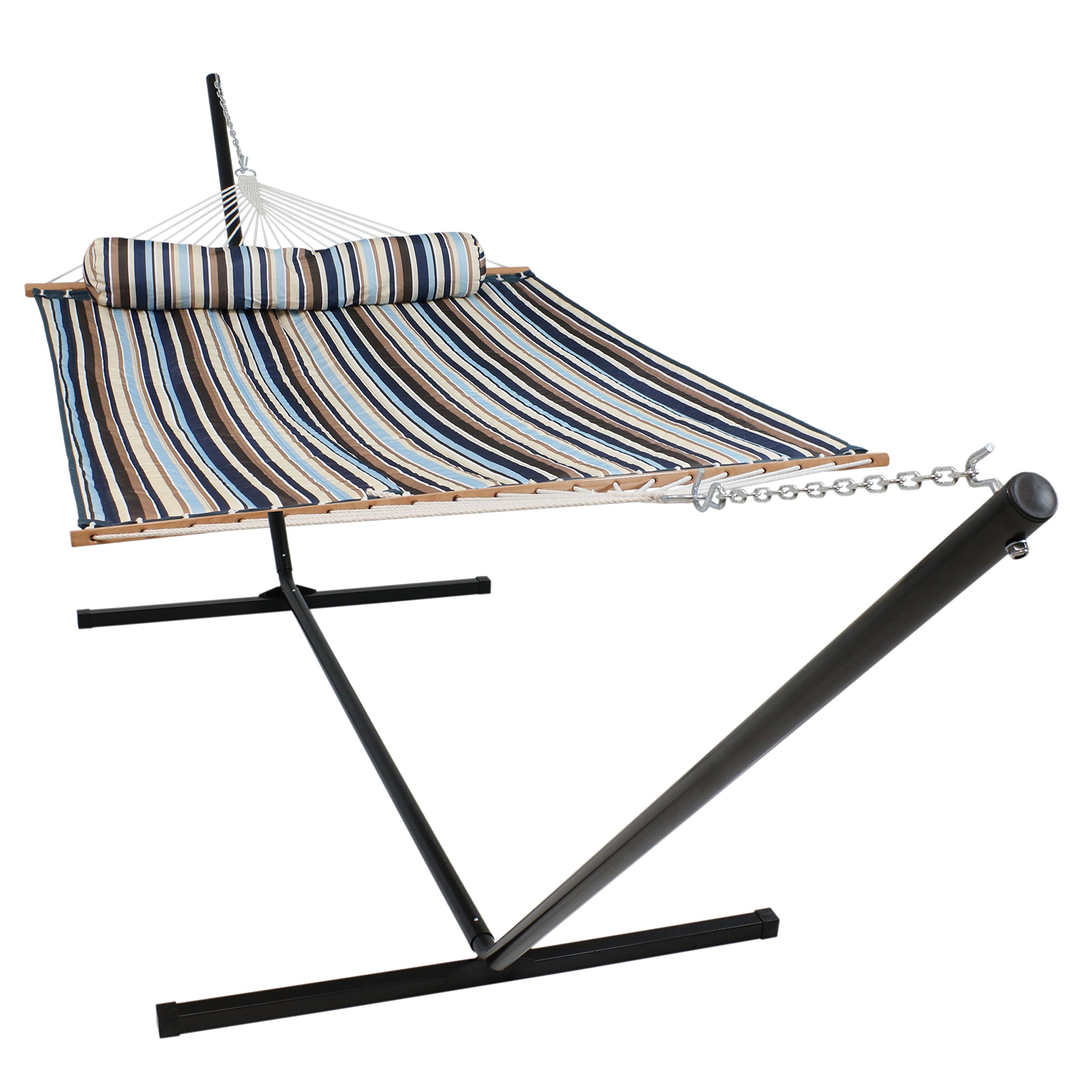 Sunnydaze Quilted Double Hammock with Stand for Outdoor Relaxation - 400lb Capacity 2-Person Hammock with 15ft Steel Stand - Perfect for Backyard, Beach & Camping - Ocean Isle Design