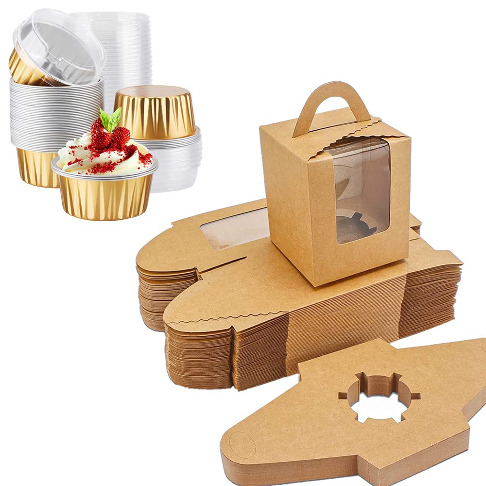 EUSOAR 50 Pack 5oz Muffin Liners & Kraft Cupcake Boxes - Single Cupcake Containers with Lids, Aluminum Foil Baking Cups for Wedding, Birthday Party, Baby Shower - Perfect for Baking, Gift Giving & Dessert Display