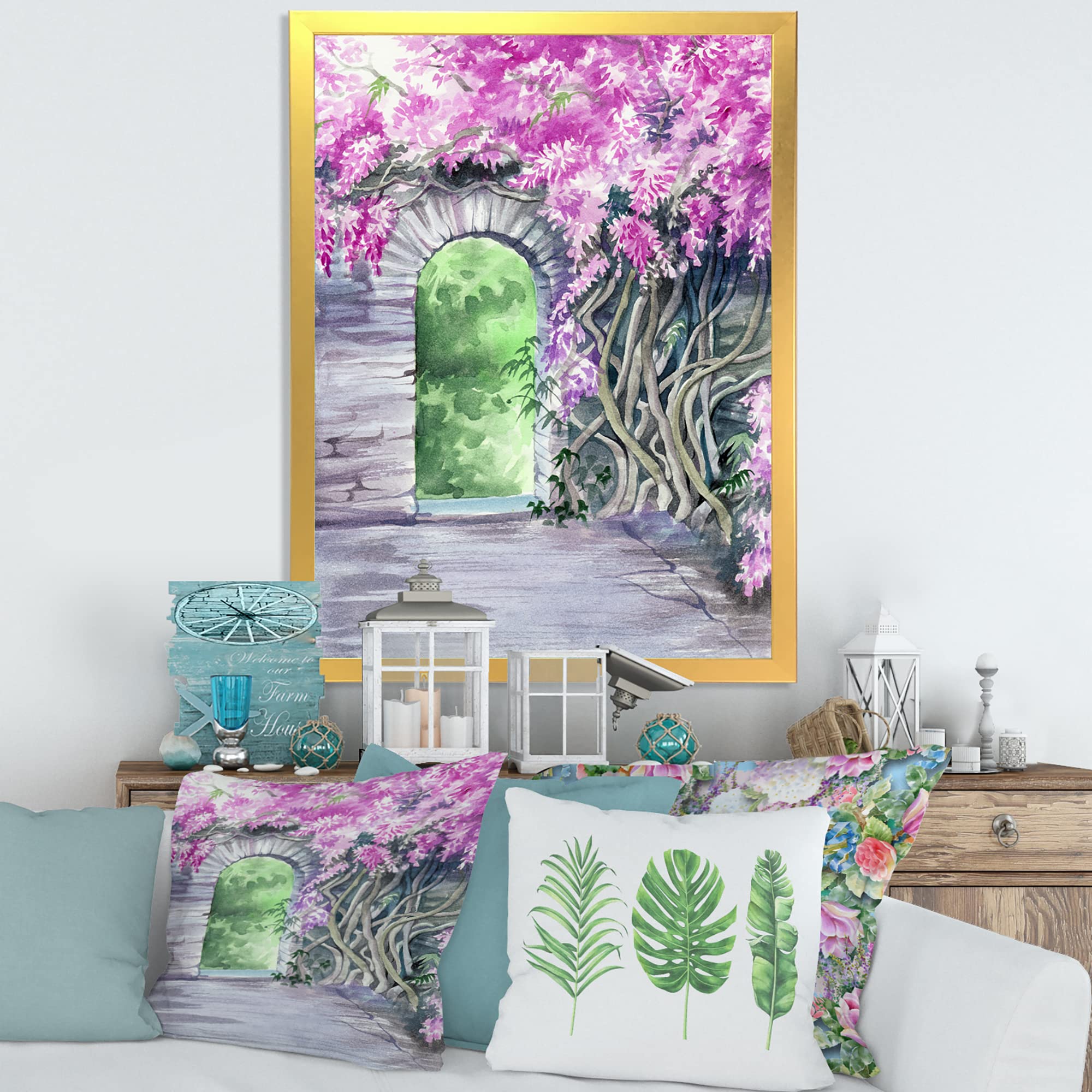 Blossoming Wisteria Garden Wall Art - Traditional Framed Floral Painting for Home Decor | Perfect for Living Room, Bedroom & Office