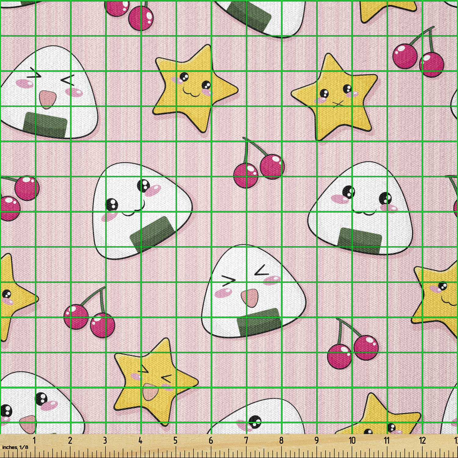 Ambesonne Japanese Kawaii Anime Fabric - 5 Yards Pink Stretch Knit Material for Sewing Clothes & DIY Crafts | Cherry Rice Ball Food Pattern | Perfect for Cosplay, Apparel Making & Home Decor Projects