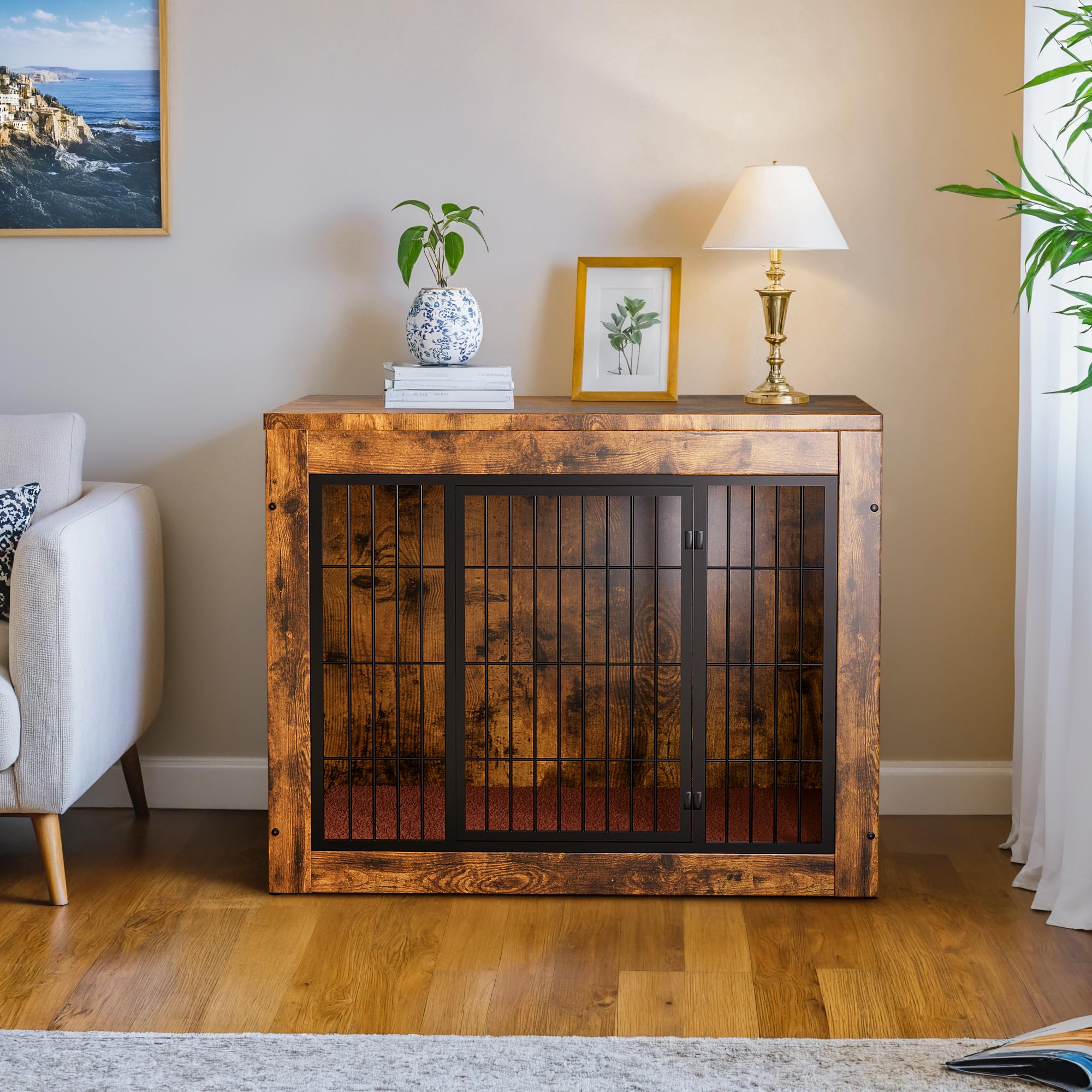 Rustic Brown Dog Crate Furniture with Cushion - Indoor Dog Kennel with Double Doors, Side End Table Dog Cage for Small Medium Large Dogs - Easy Assembly (32.7