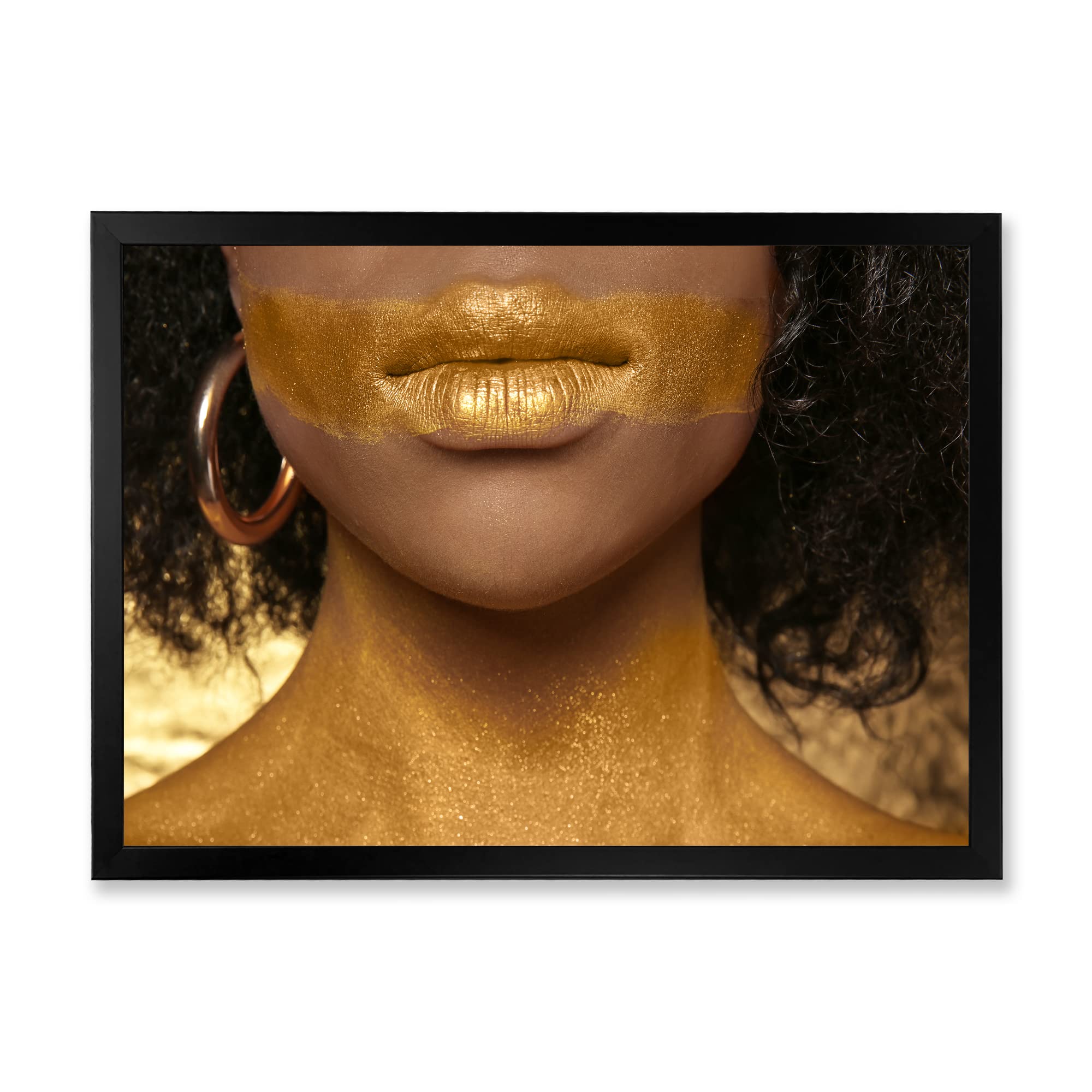 African American Woman Body Art with Gold Paint - Modern Framed Wall Decor for Living Room, Bedroom & Office