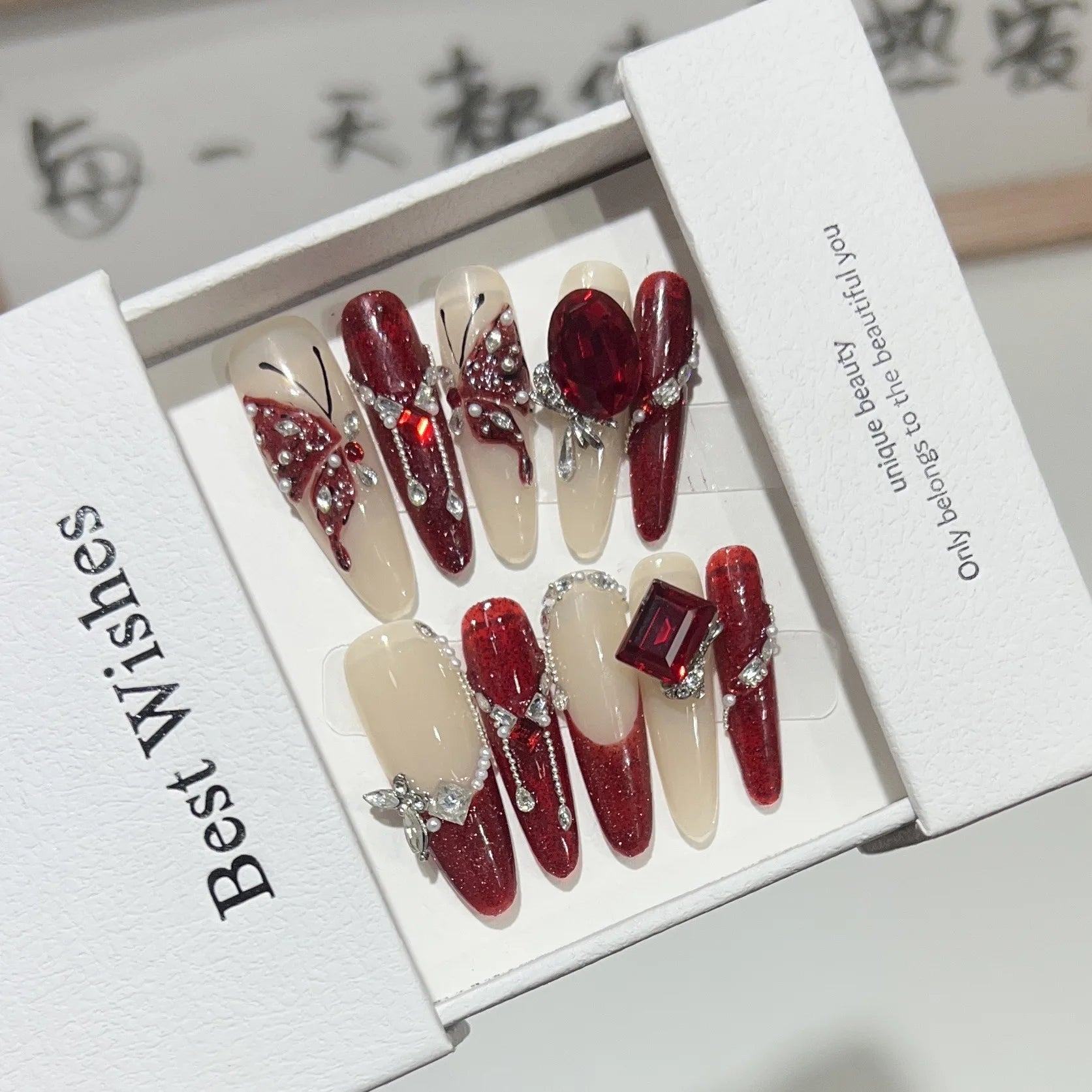 10Pcs Handmade Wine Red Fake Nails with Butterfly Rhinestone Design - Long Almond Detachable Fashion Manicure Full Cover Nail Tips for Parties, Weddings & Special Occasions