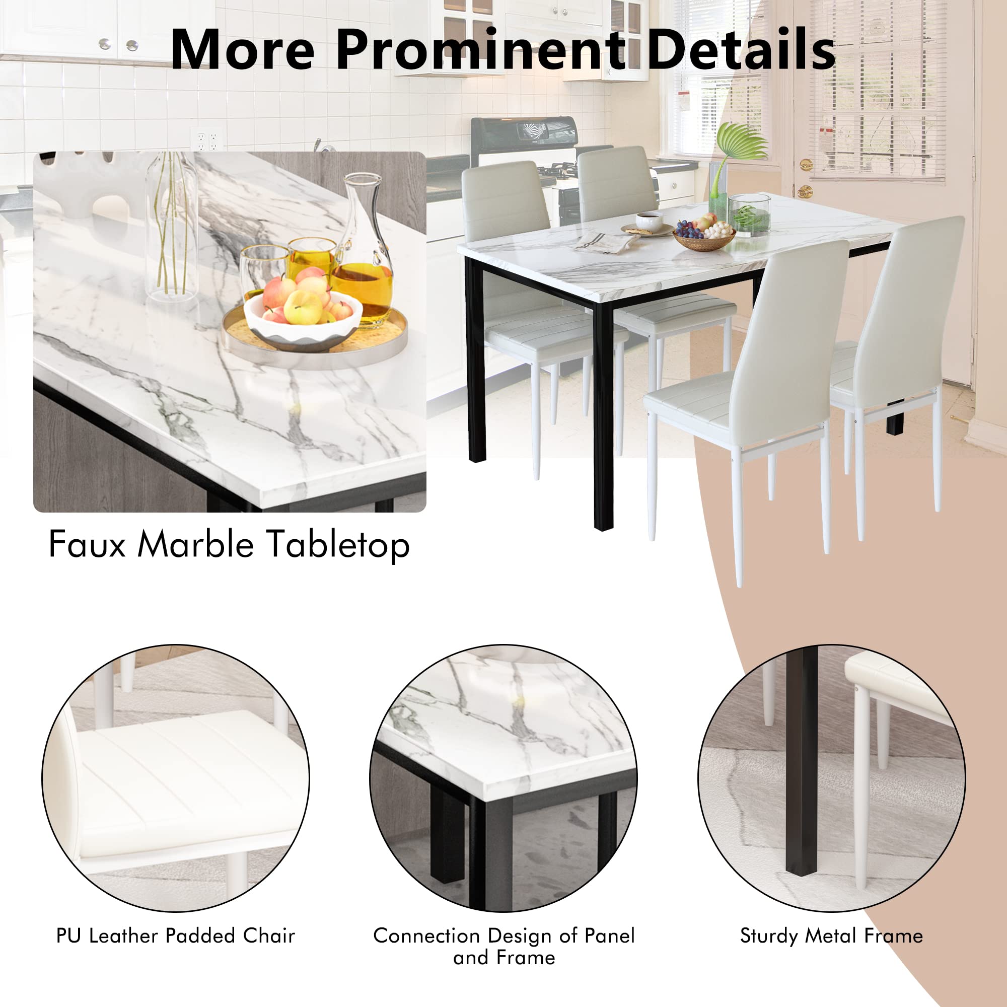 AWQM 5-Piece Dining Table Set for 4 - White Faux Marble Table with 4 PU Leather Chairs - Perfect for Small Spaces, Kitchen, Breakfast Nook & Dining Room - Compact Modern Kitchen Table Set for Apartments & Cozy Homes